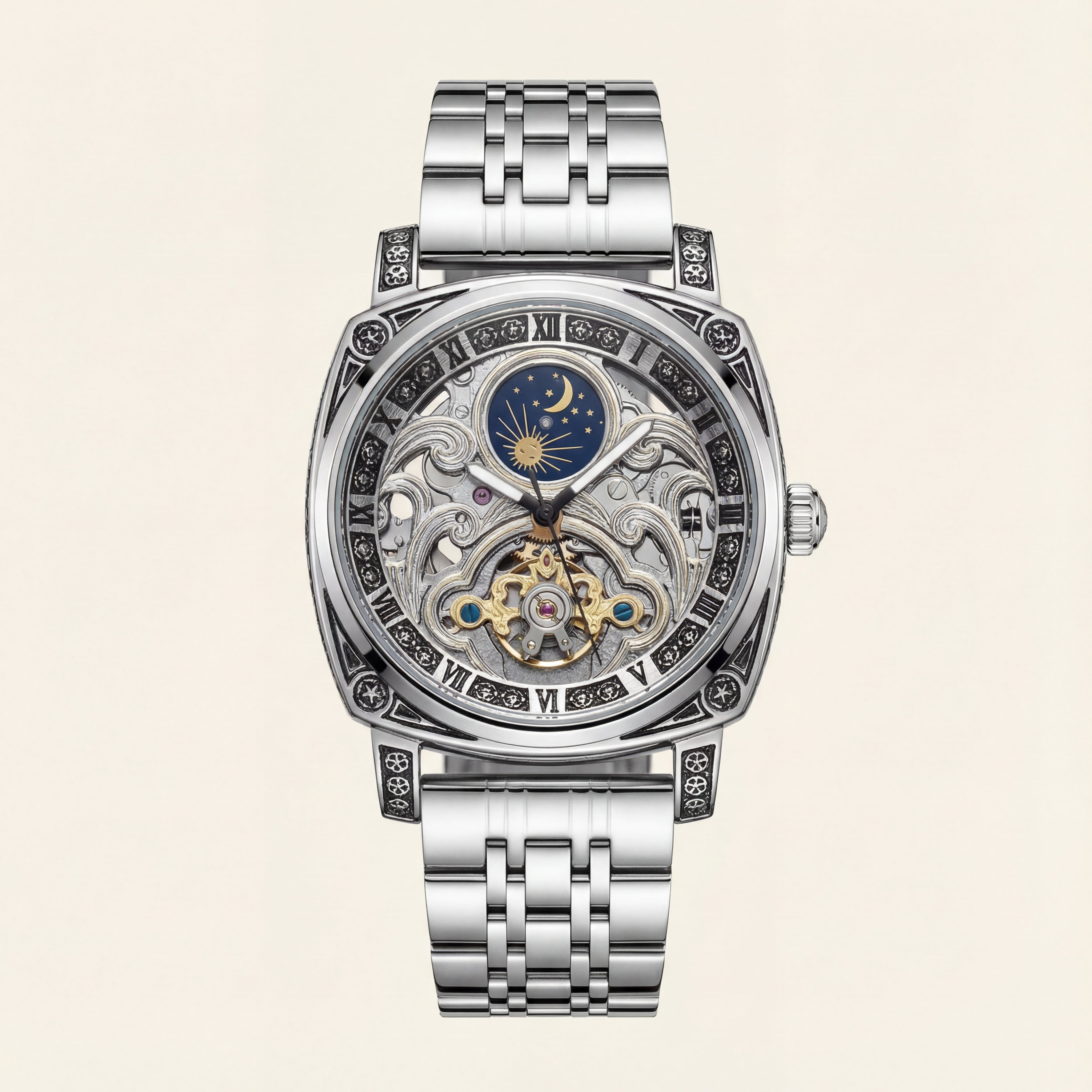 Silver Skeleton Moonphase Open-Heart Automatic Men’s Watch