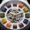 Multicolor Skeleton Dial Leather Strap Men’s Watch