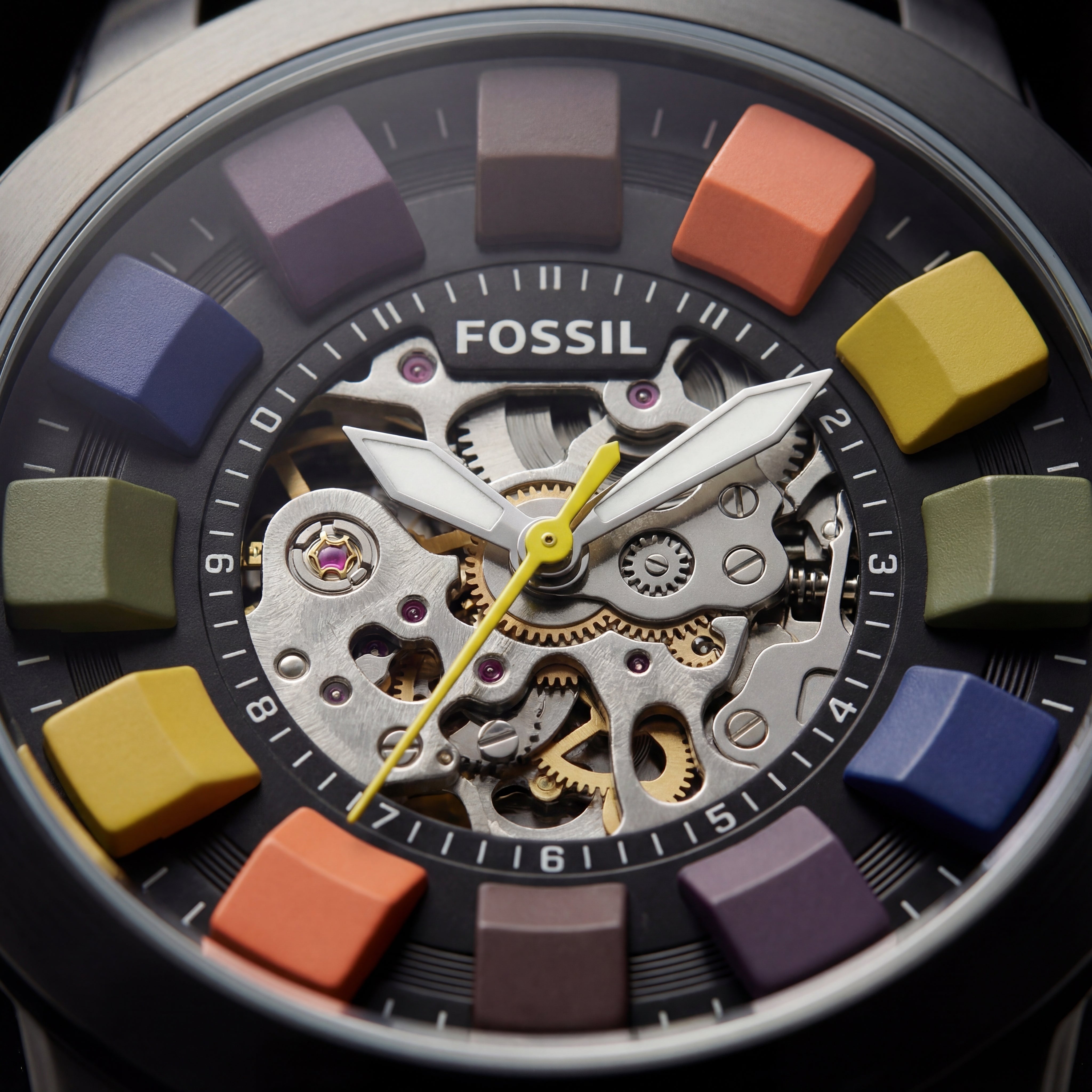 Multicolor Skeleton Dial Black Case Leather Strap Men’s Watch