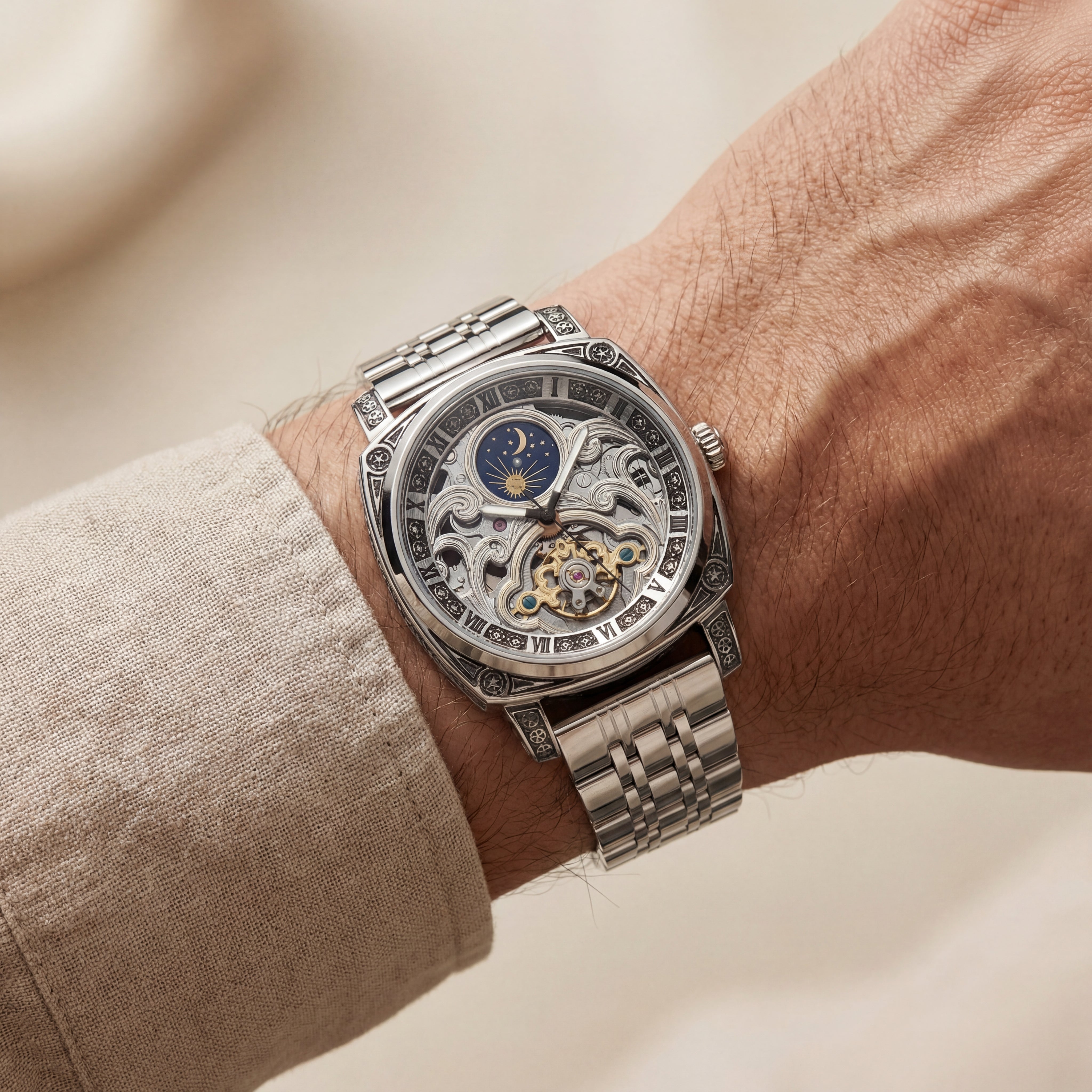 Silver Skeleton Moonphase Open-Heart Automatic Men’s Watch