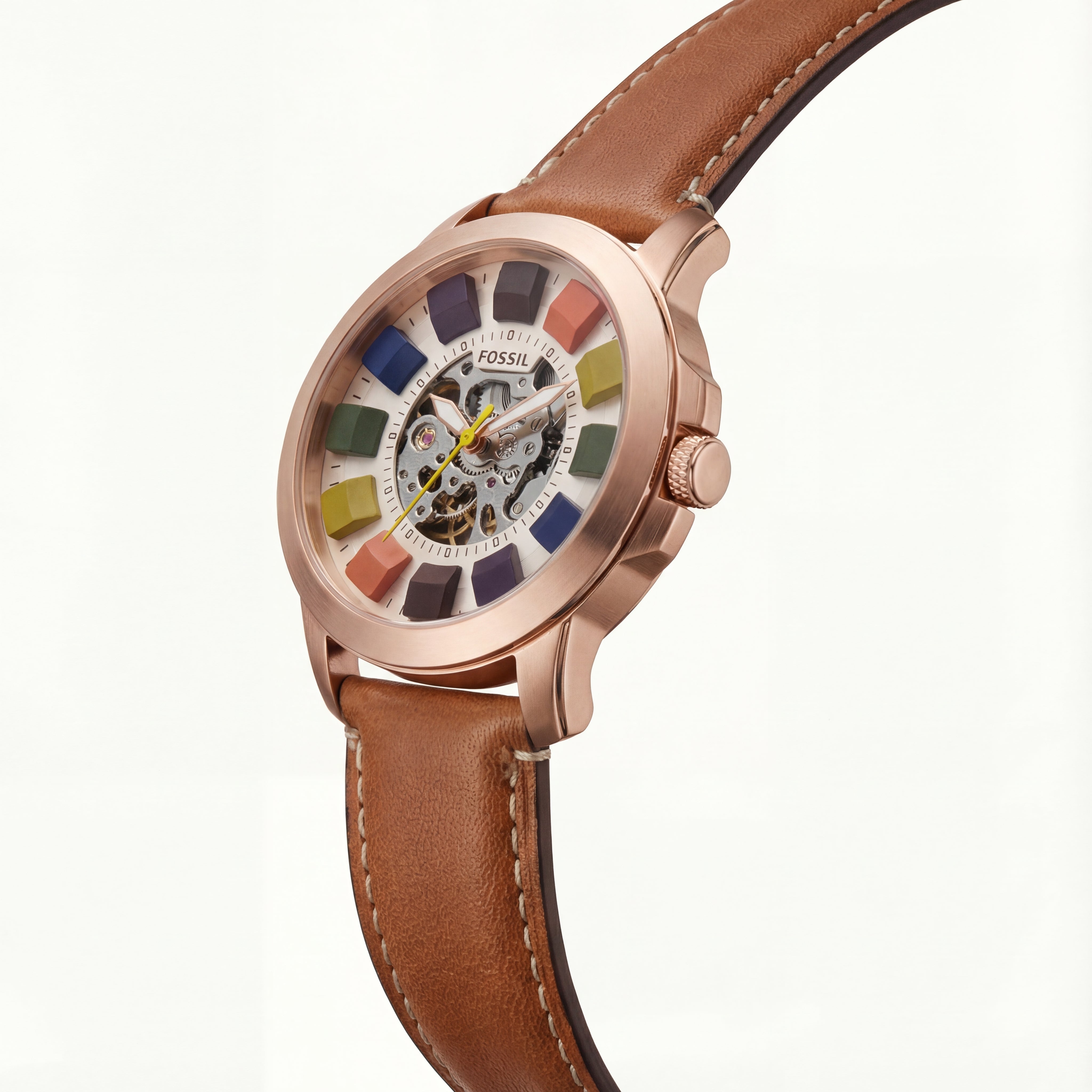 Rose Gold Skeleton Dial Brown Leather Strap Men’s Watch