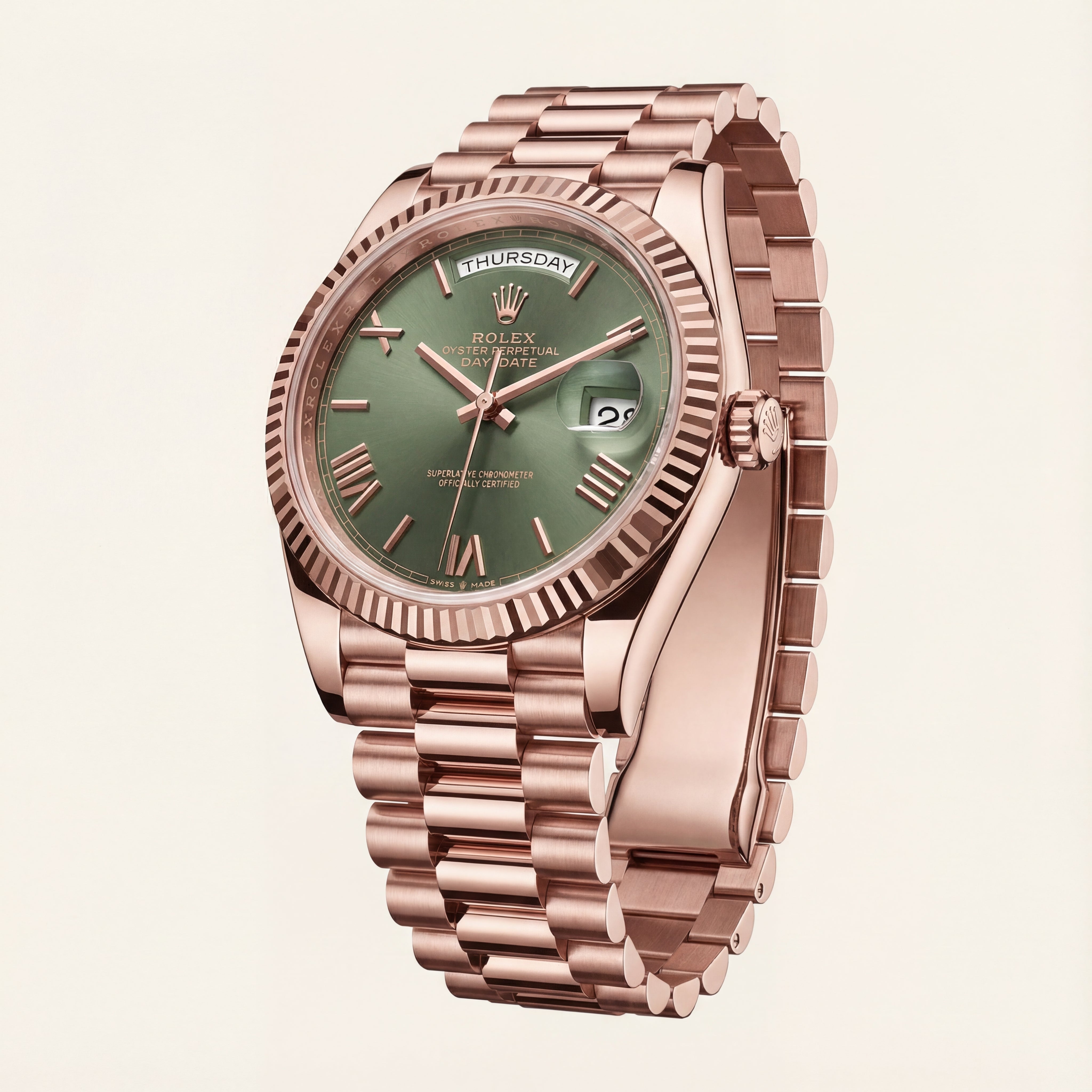 Rose Gold Day & Date Green Dial Stainless Steel Men’s Watch