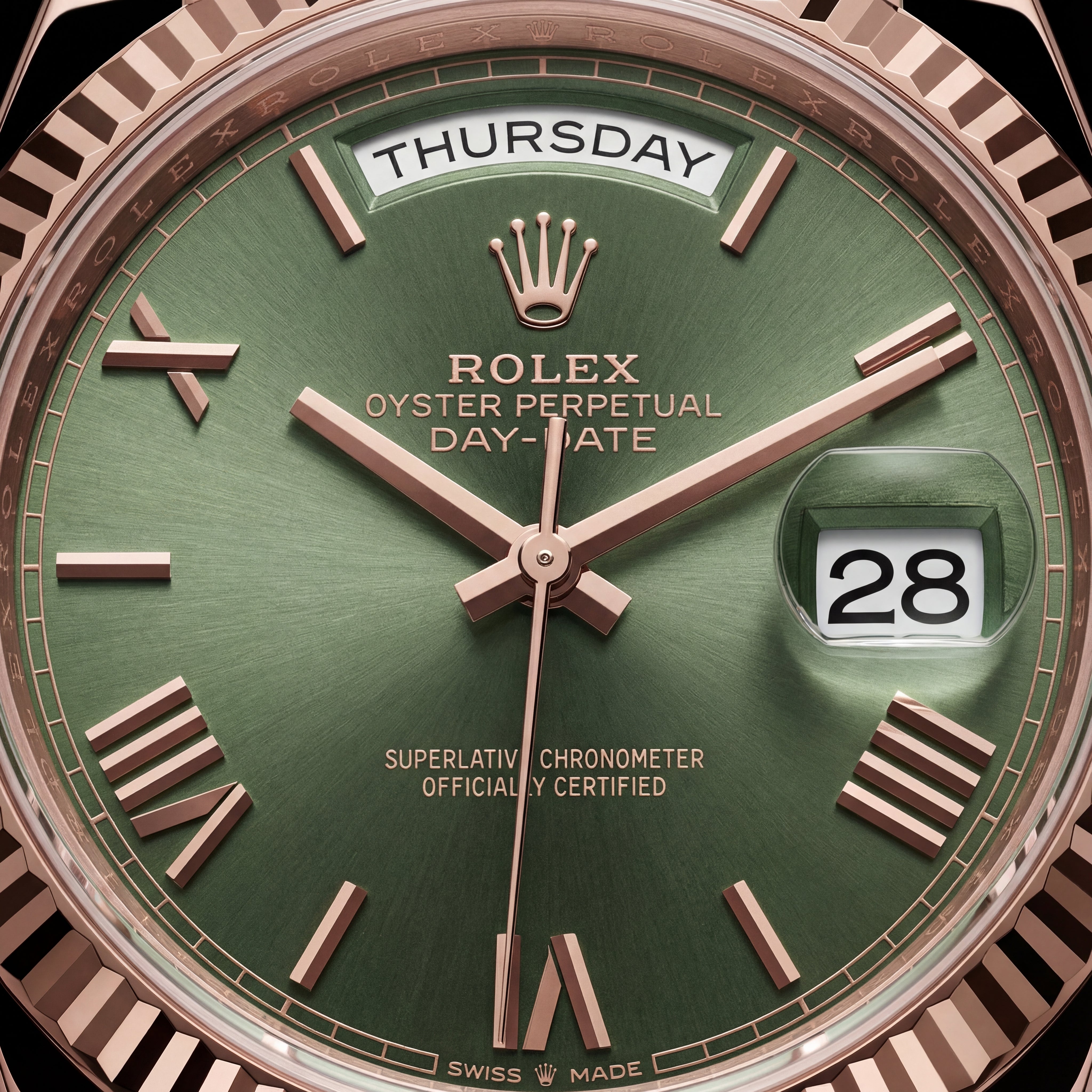 Rose Gold Day & Date Green Dial Stainless Steel Men’s Watch