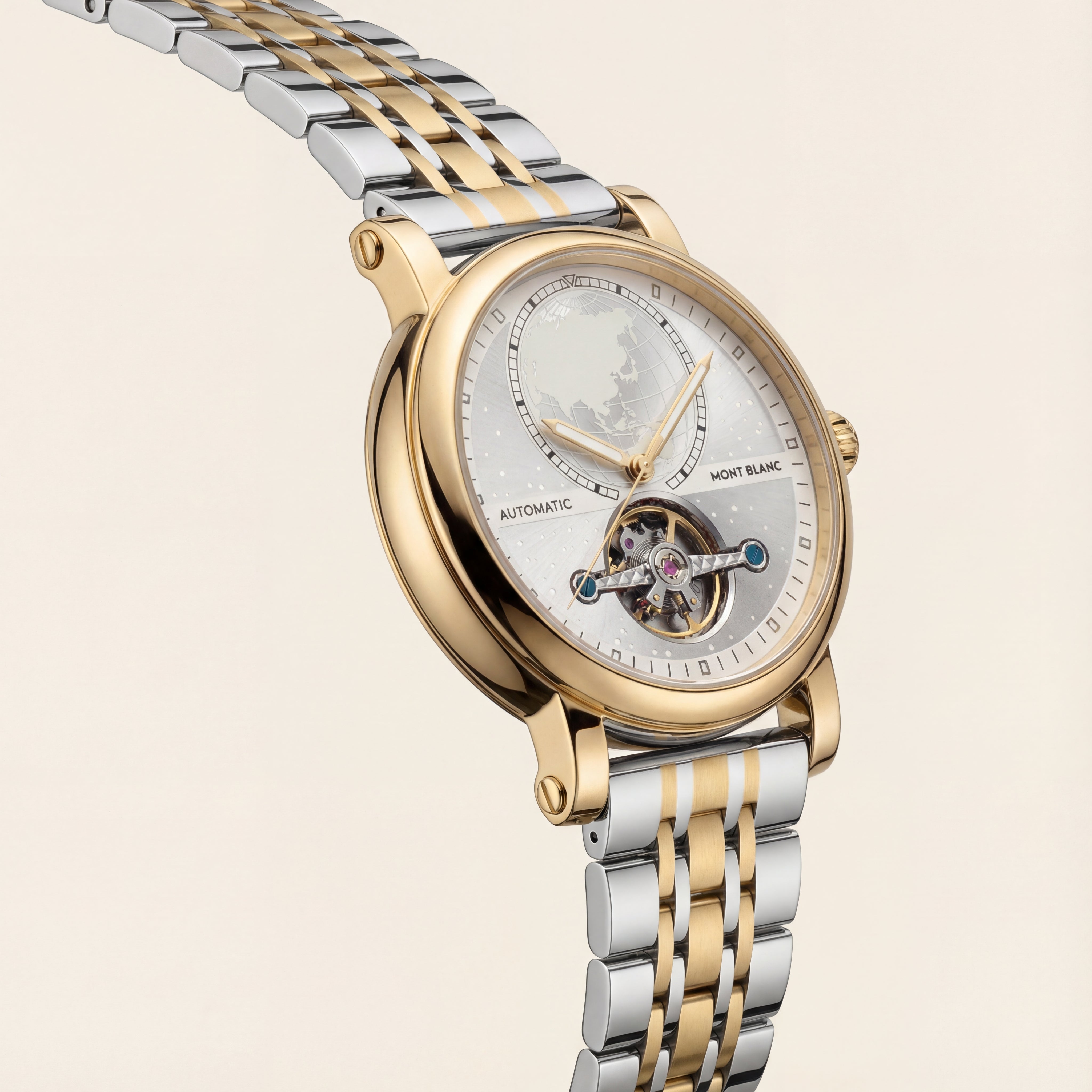 Gold Silver World Dial Open-Heart Automatic Men’s Watch