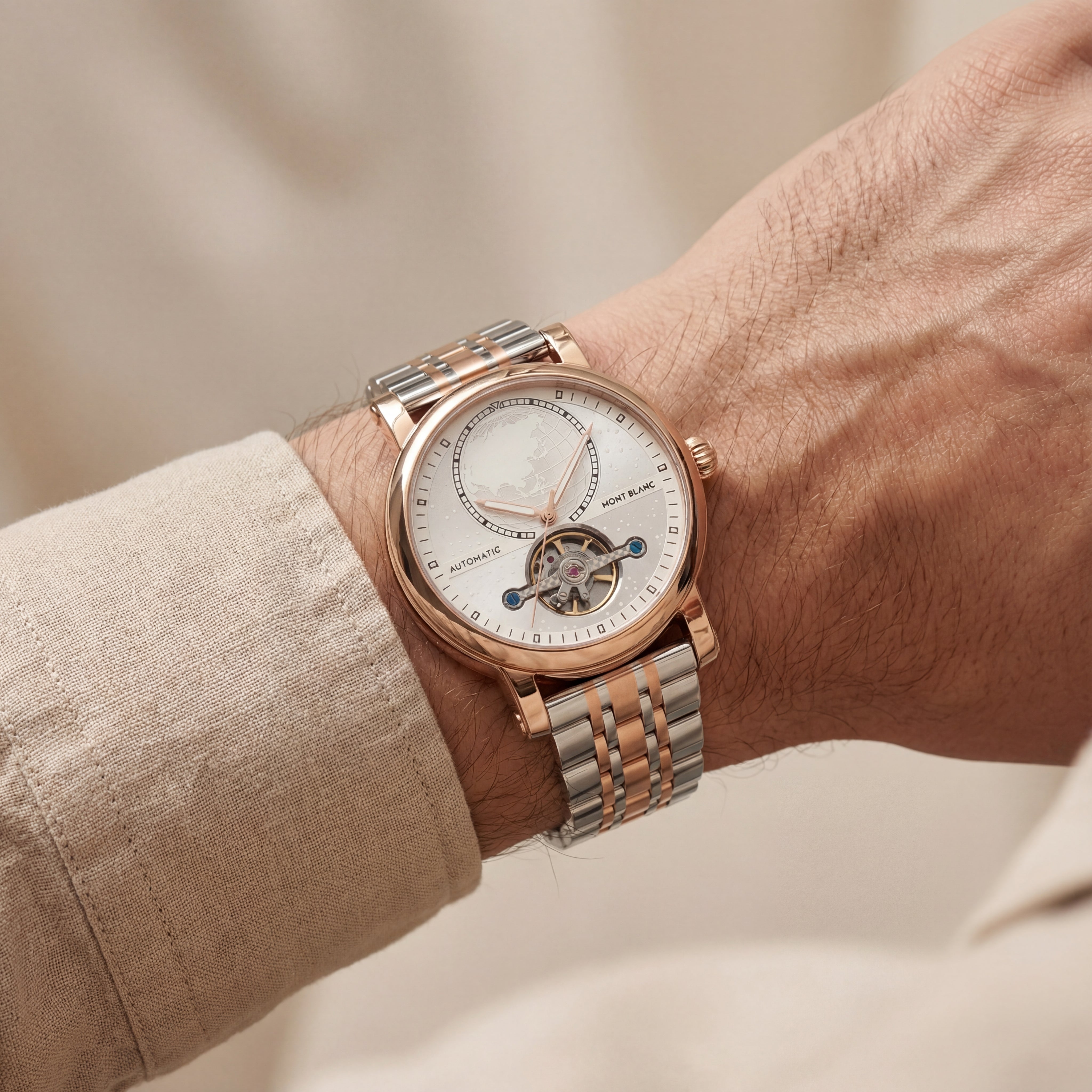 Rose Silver World Time Open-Heart Automatic Men’s Watch