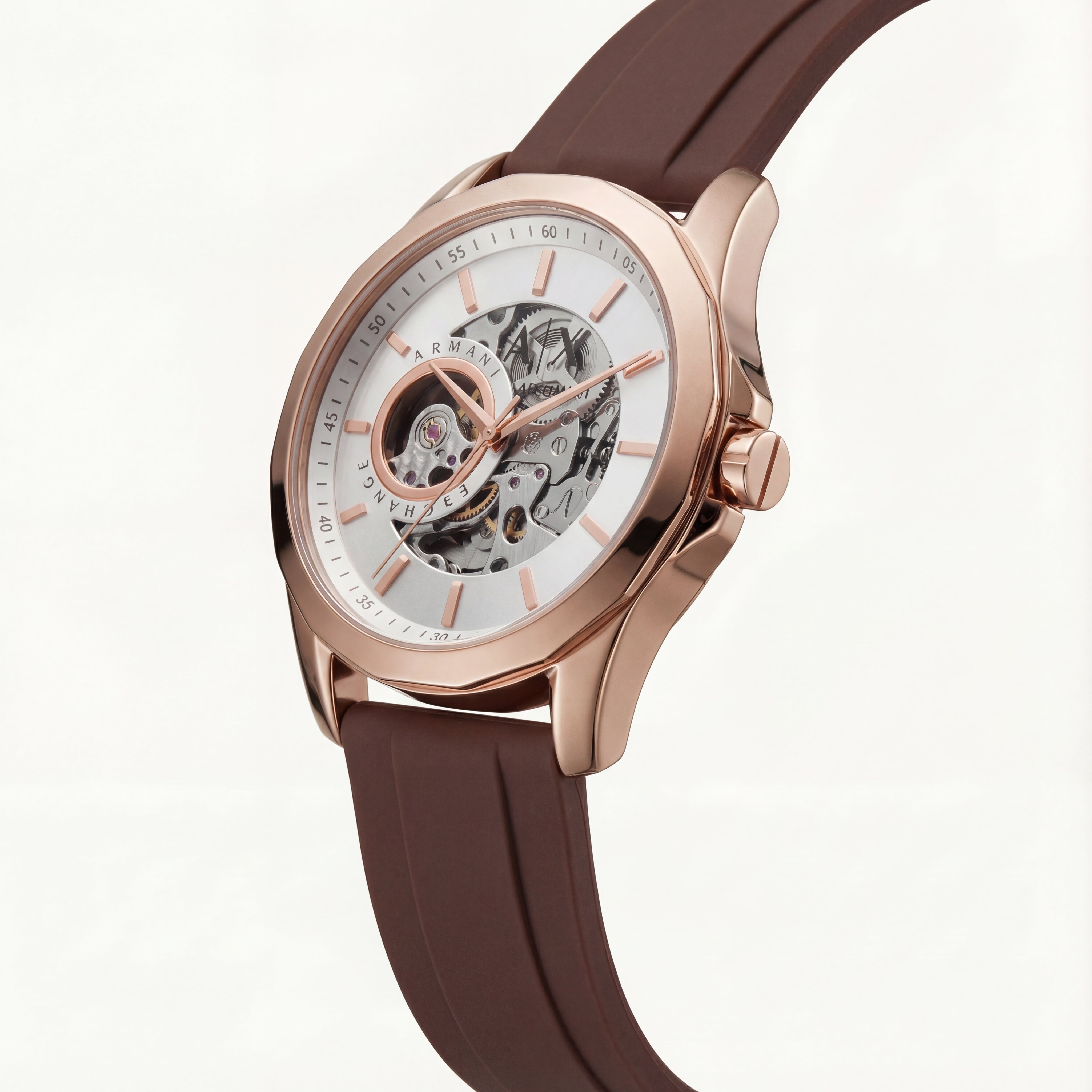 Rose Gold Skeleton Automatic Dial Brown Silicone Strap Men’s Watch