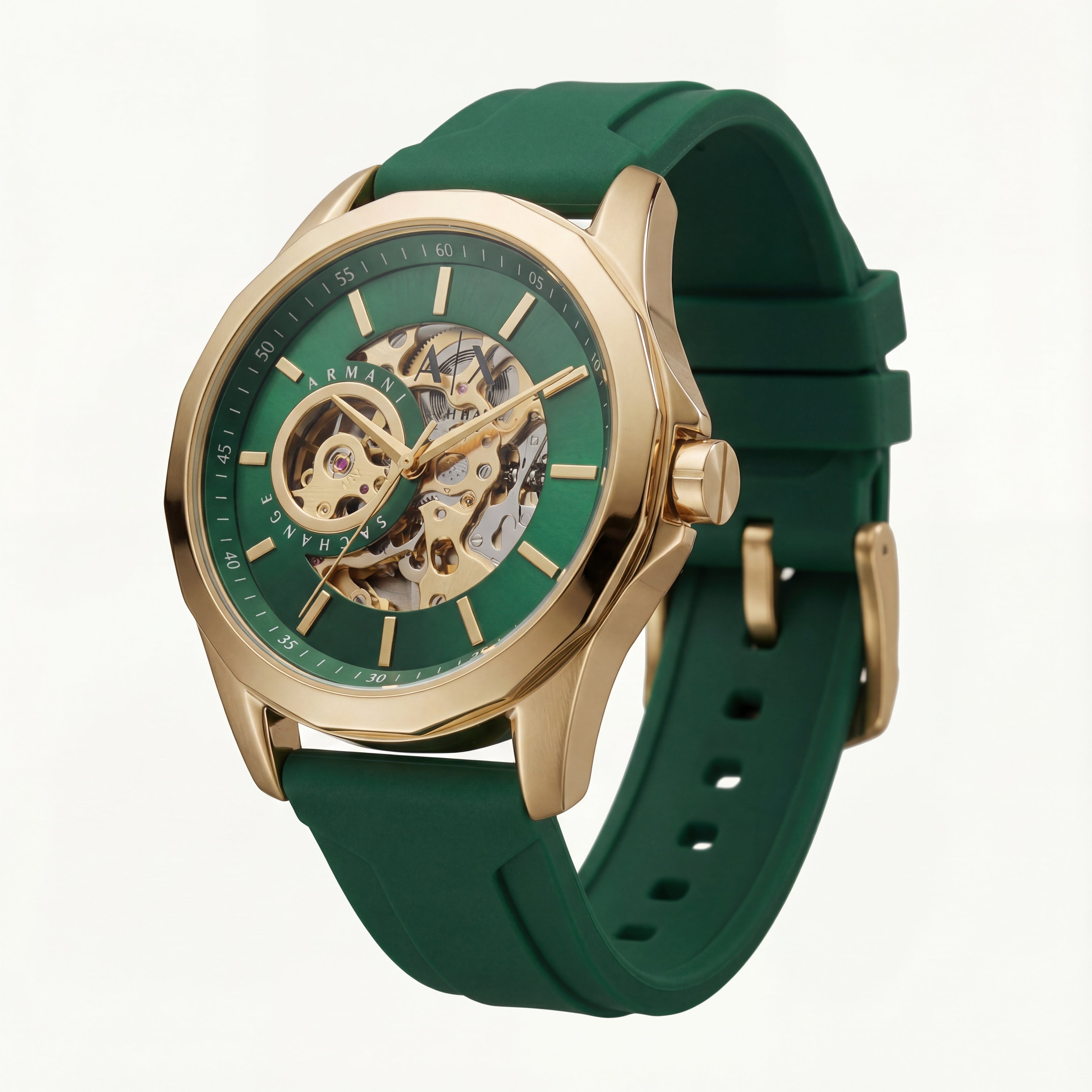 Gold Skeleton Automatic Dial Green Silicone Strap Men’s Watch