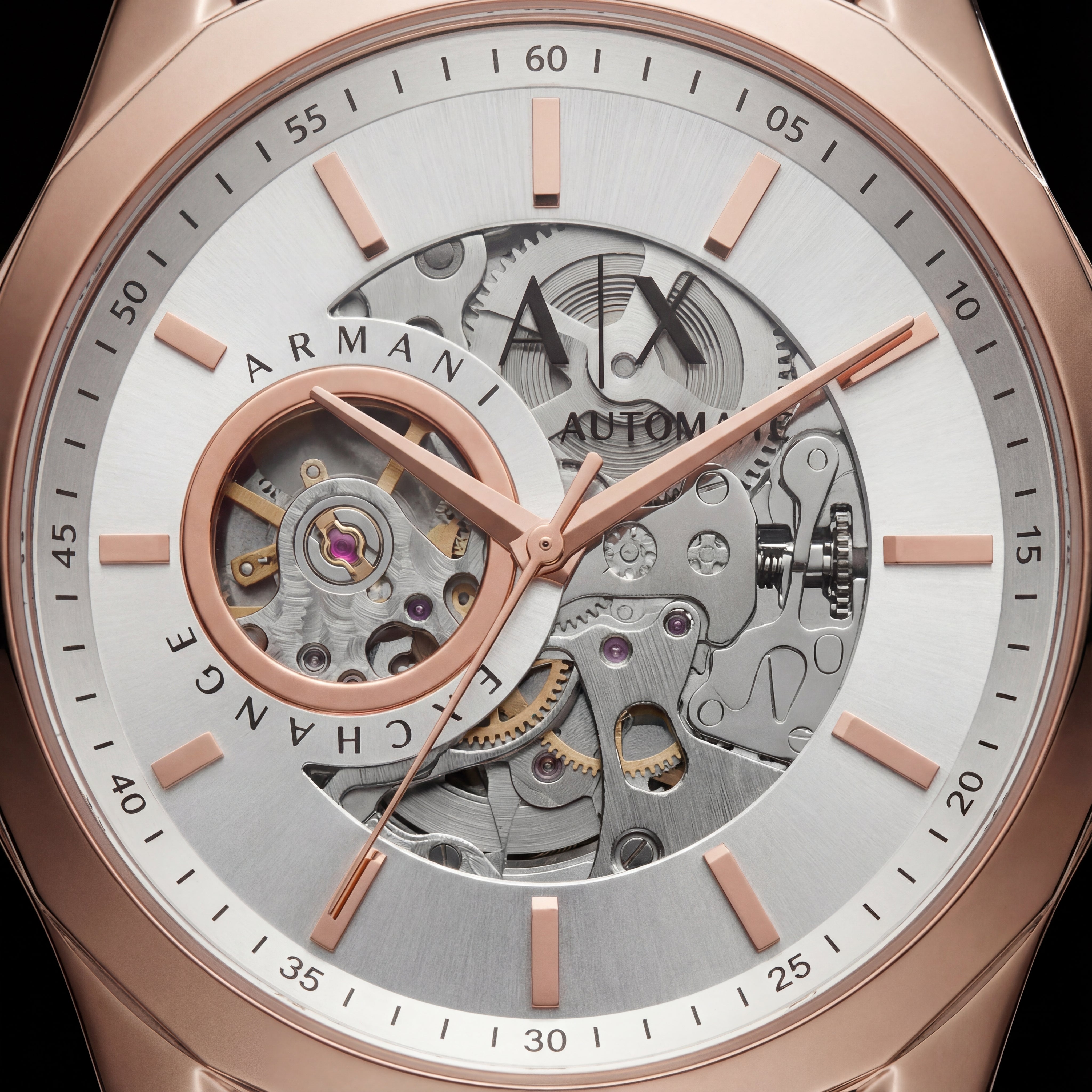 Rose Gold Skeleton Automatic Dial Brown Silicone Strap Men’s Watch