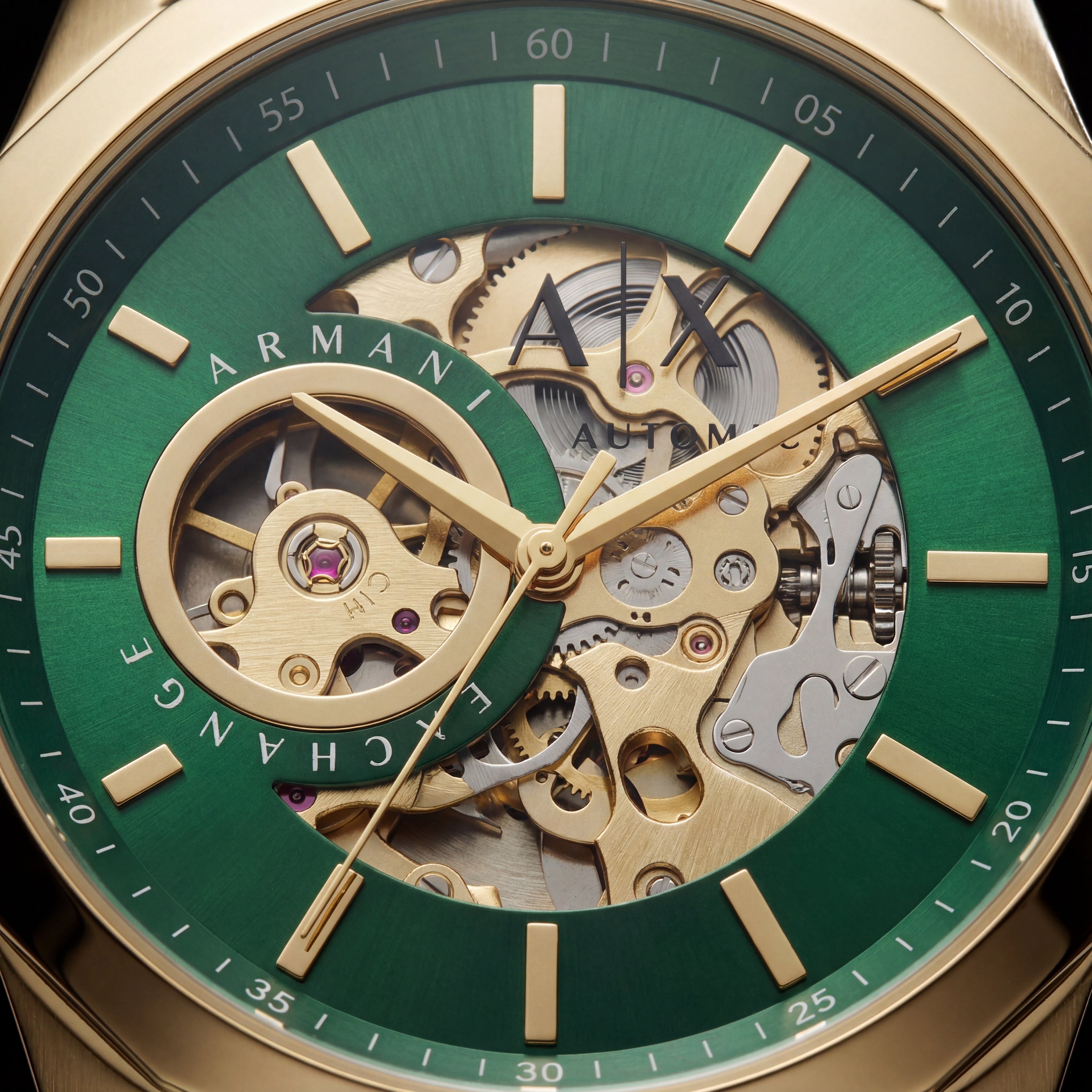 Gold Skeleton Automatic Dial Green Silicone Strap Men’s Watch