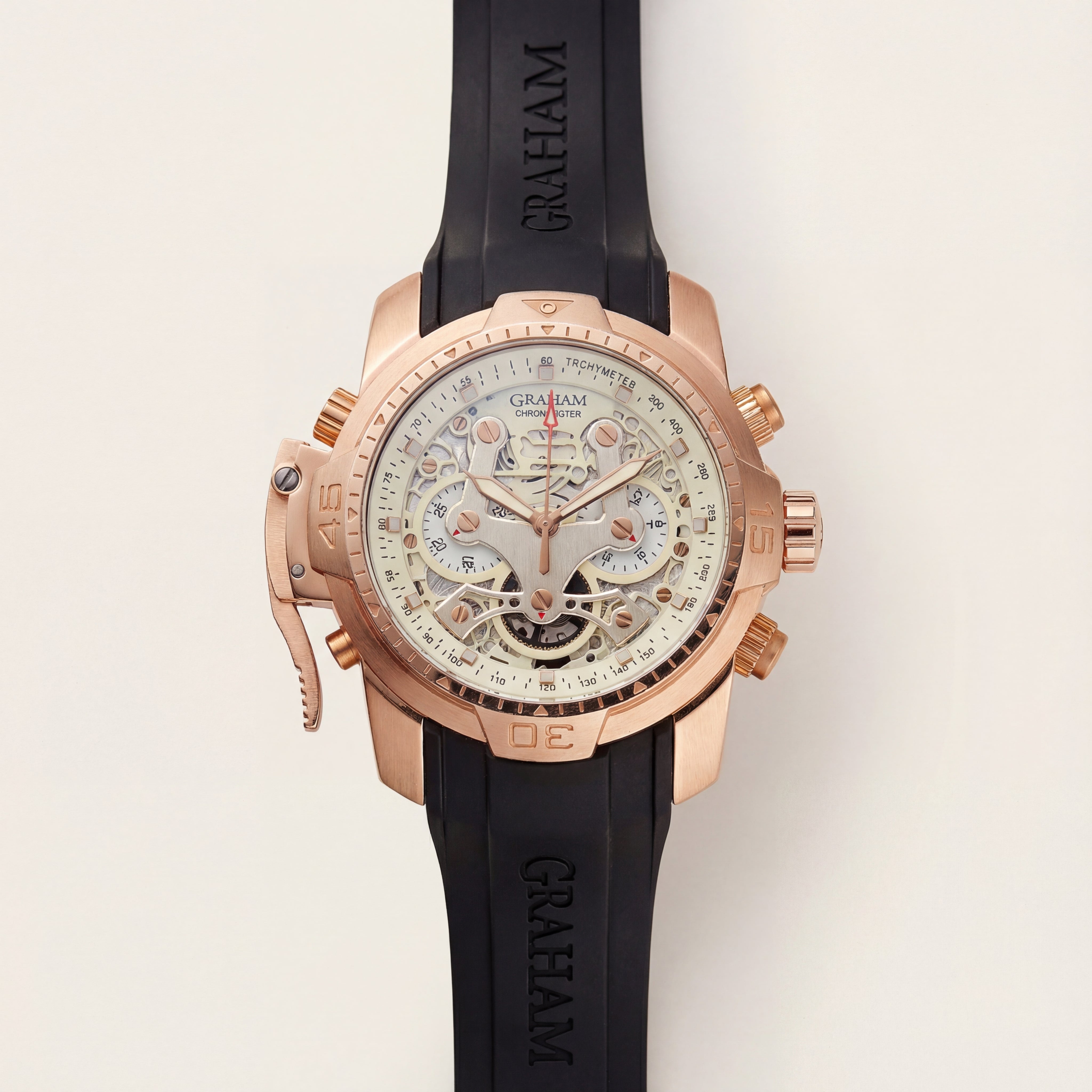Rose Gold Skeleton Chronograph Rubber Strap Men’s Watch