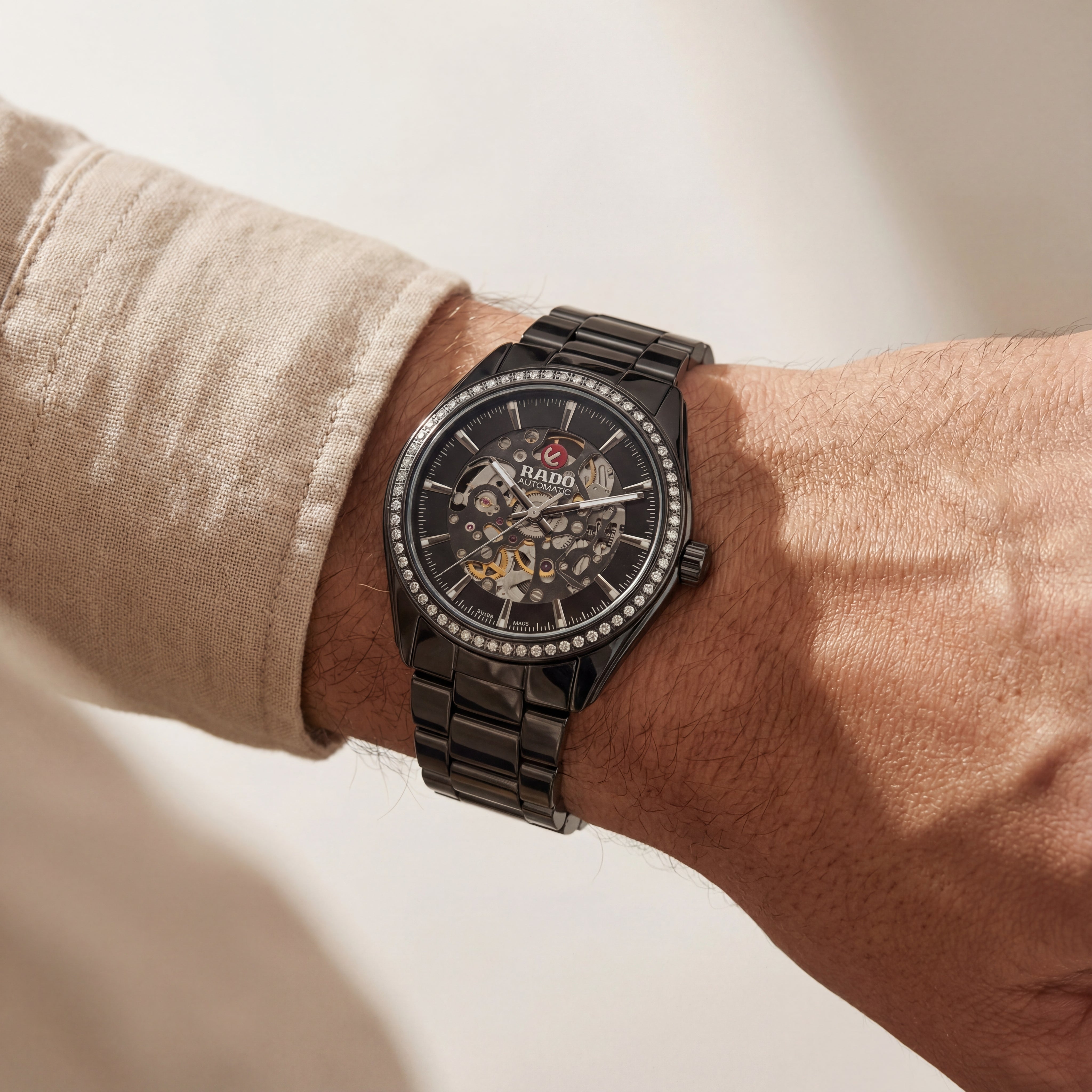 Men’s Premium Skeleton Automatic Watch with Crystal Bezel – Black Steel Edition