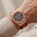 Rose Gold Skeleton Chronograph Watch with Red Leather Strap