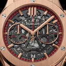 Rose Gold Skeleton Chronograph Watch with Red Leather Strap