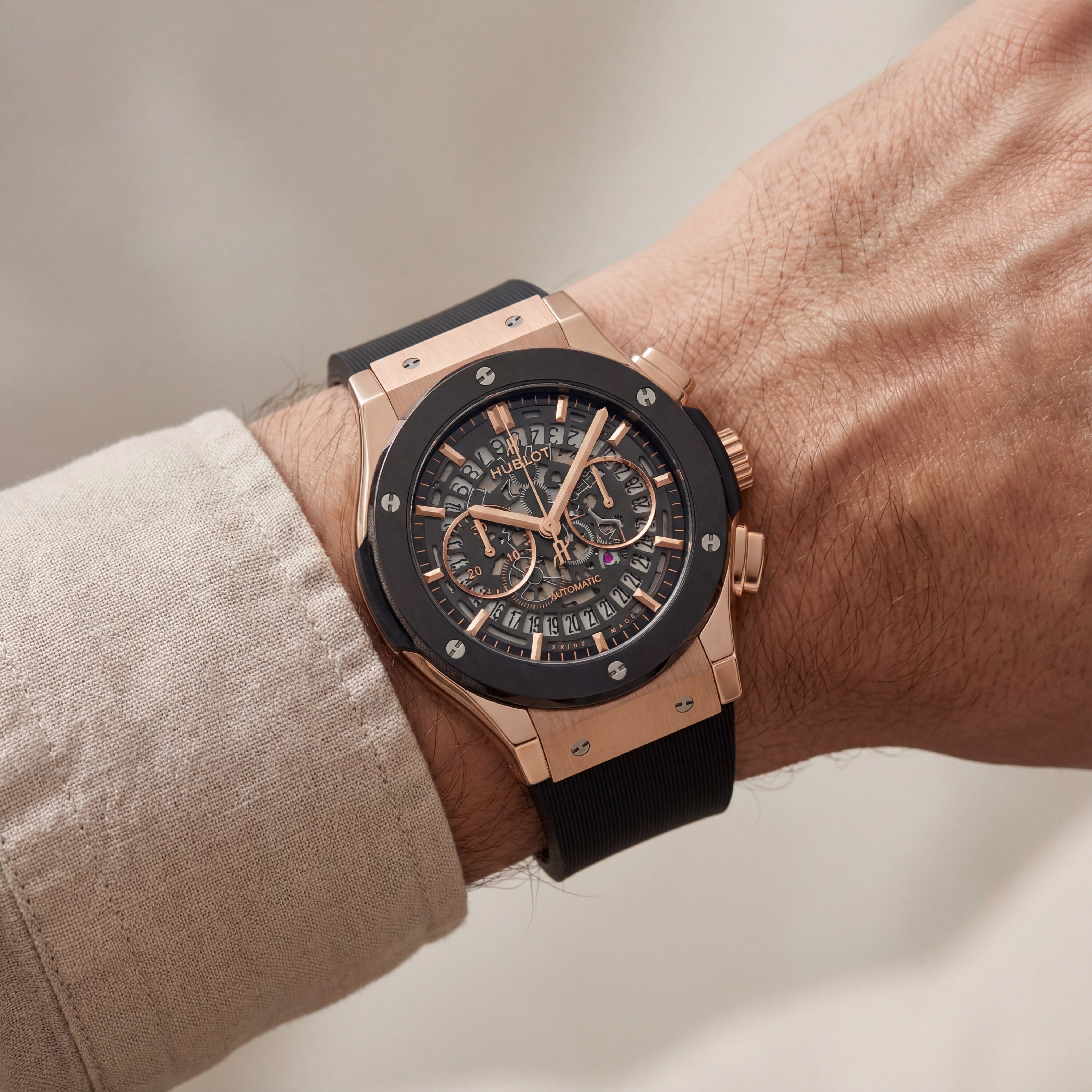 Luxury Skeleton Chronograph Watch – Rose Gold & Black Edition