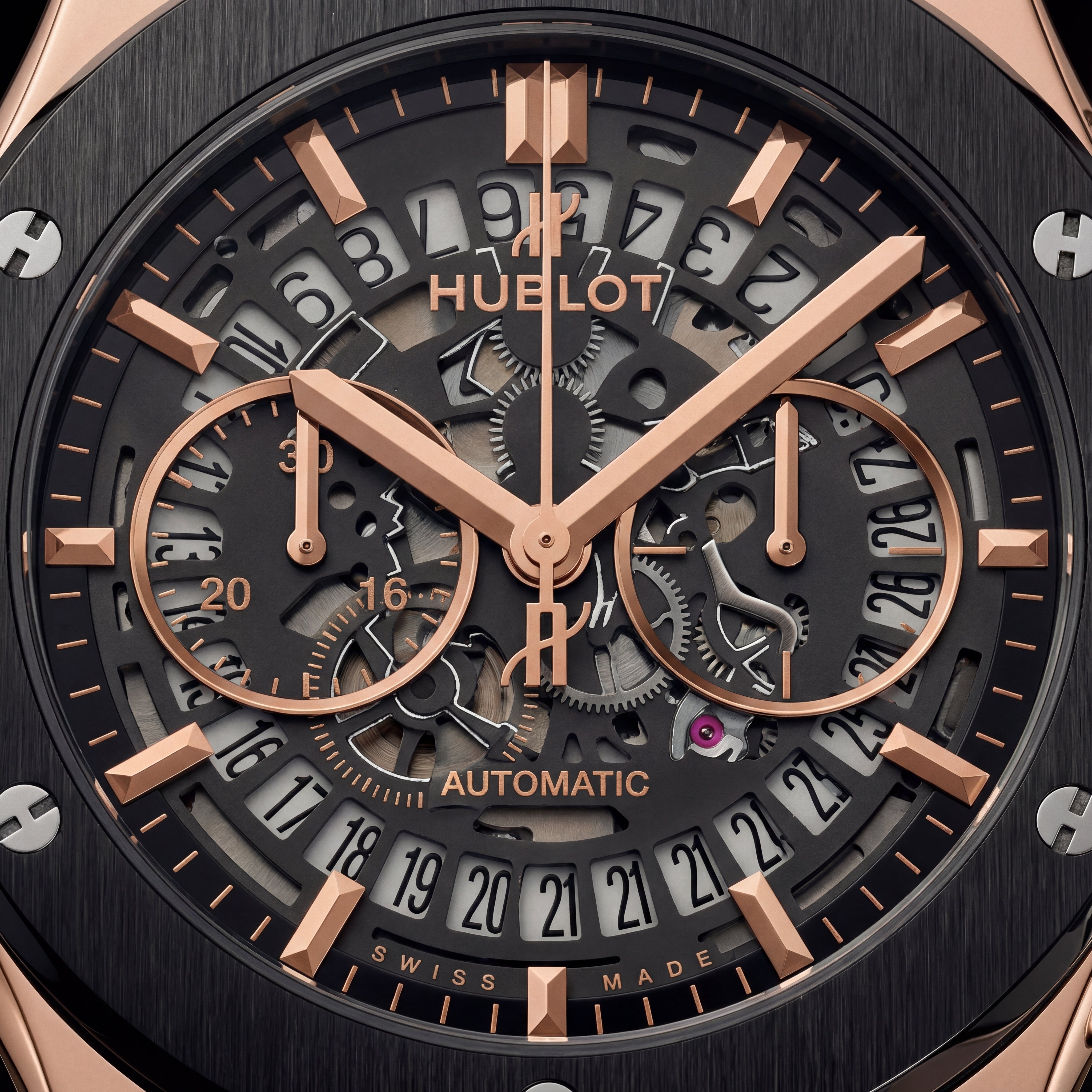 Luxury Skeleton Chronograph Watch – Rose Gold & Black Edition