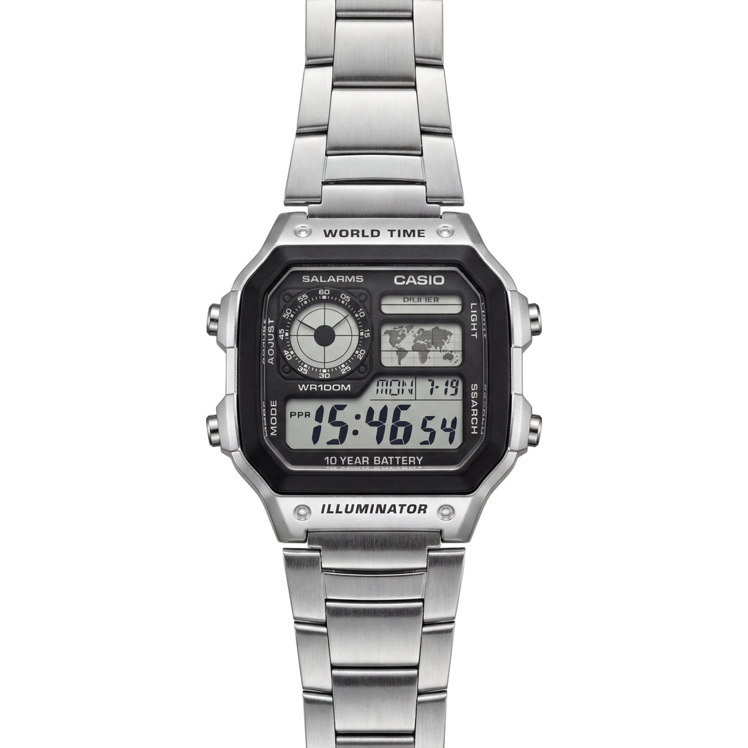 Stainless Steel Digital World Time Watch – Multi-Function Edition