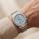 Ice Blue Diamond Bezel Chronograph Steel Watch – Luxury Racing Edition