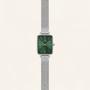 Emerald Green Rectangular Dial Silver Mesh Strap Minimal Watch