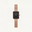 Rose Gold Rectangular Black Dial Mesh Strap Minimal Watch