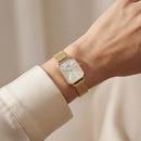 Gold Rectangular Silver Sunray Dial Mesh Strap Watch