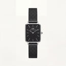 Silver Rectangular Black Dial Black Mesh Strap Watch