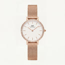 Rose Gold Crystal Bezel White Dial Mesh Strap Watch