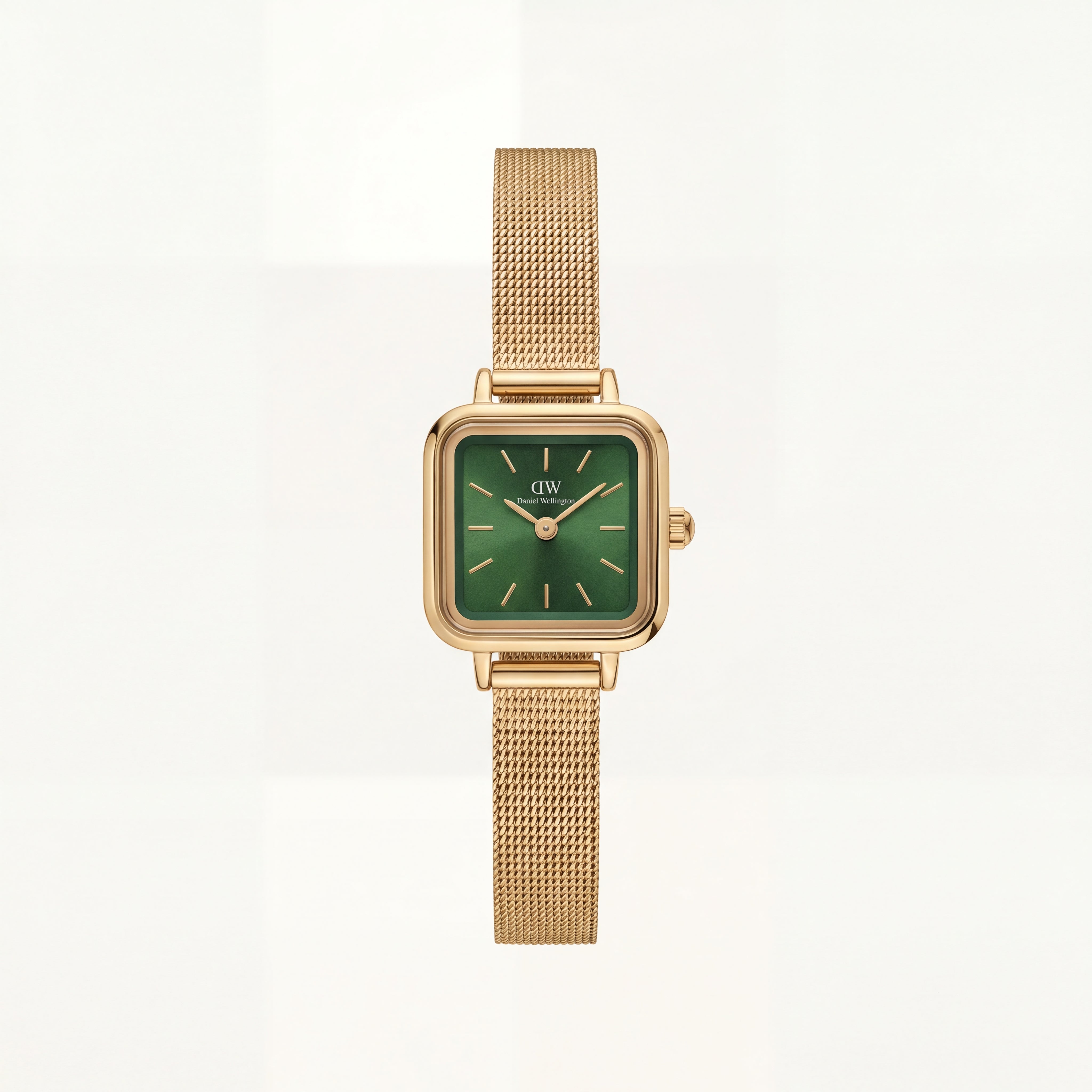 Gold Square Case Emerald Green Dial Mesh Strap Watch