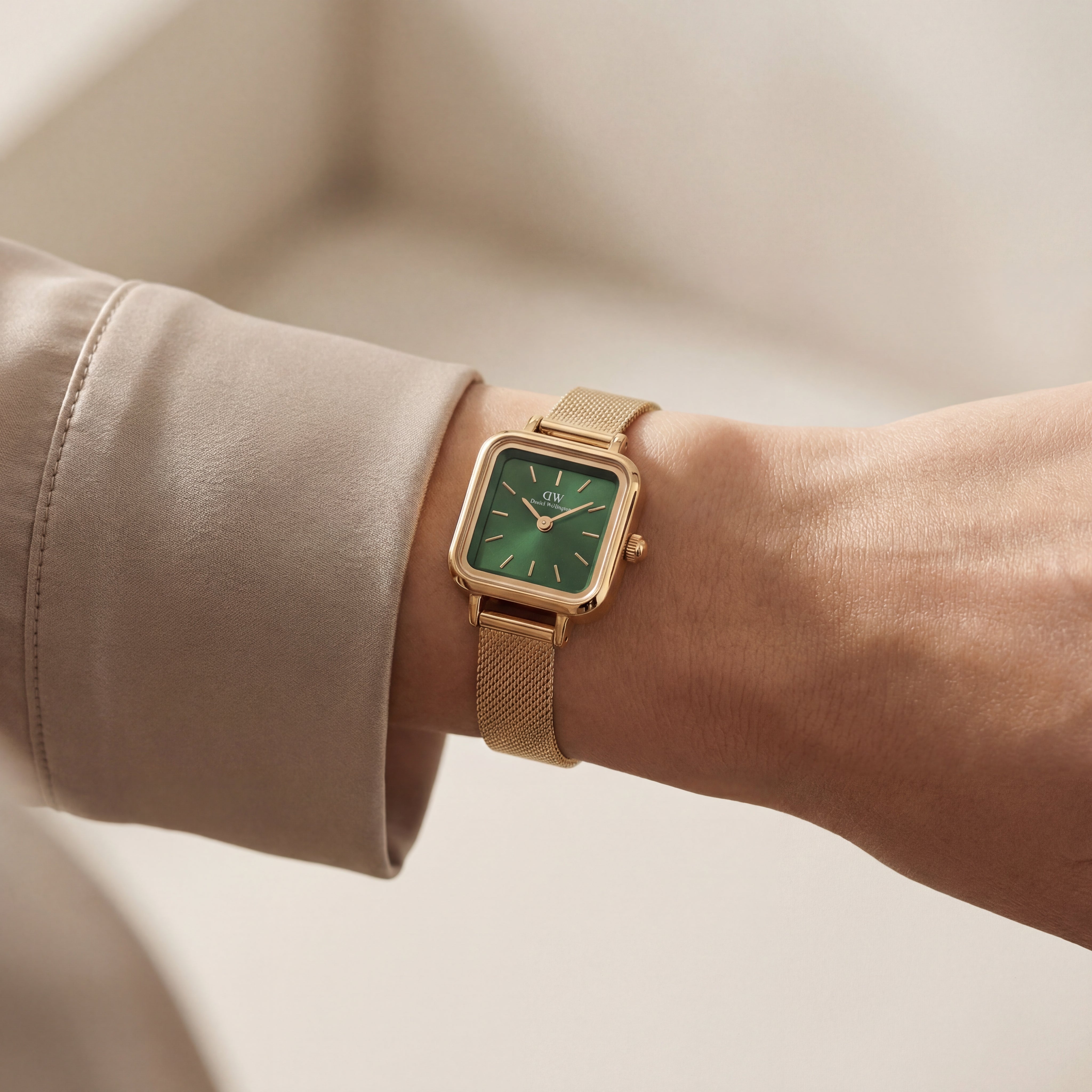 Gold Square Case Emerald Green Dial Mesh Strap Watch