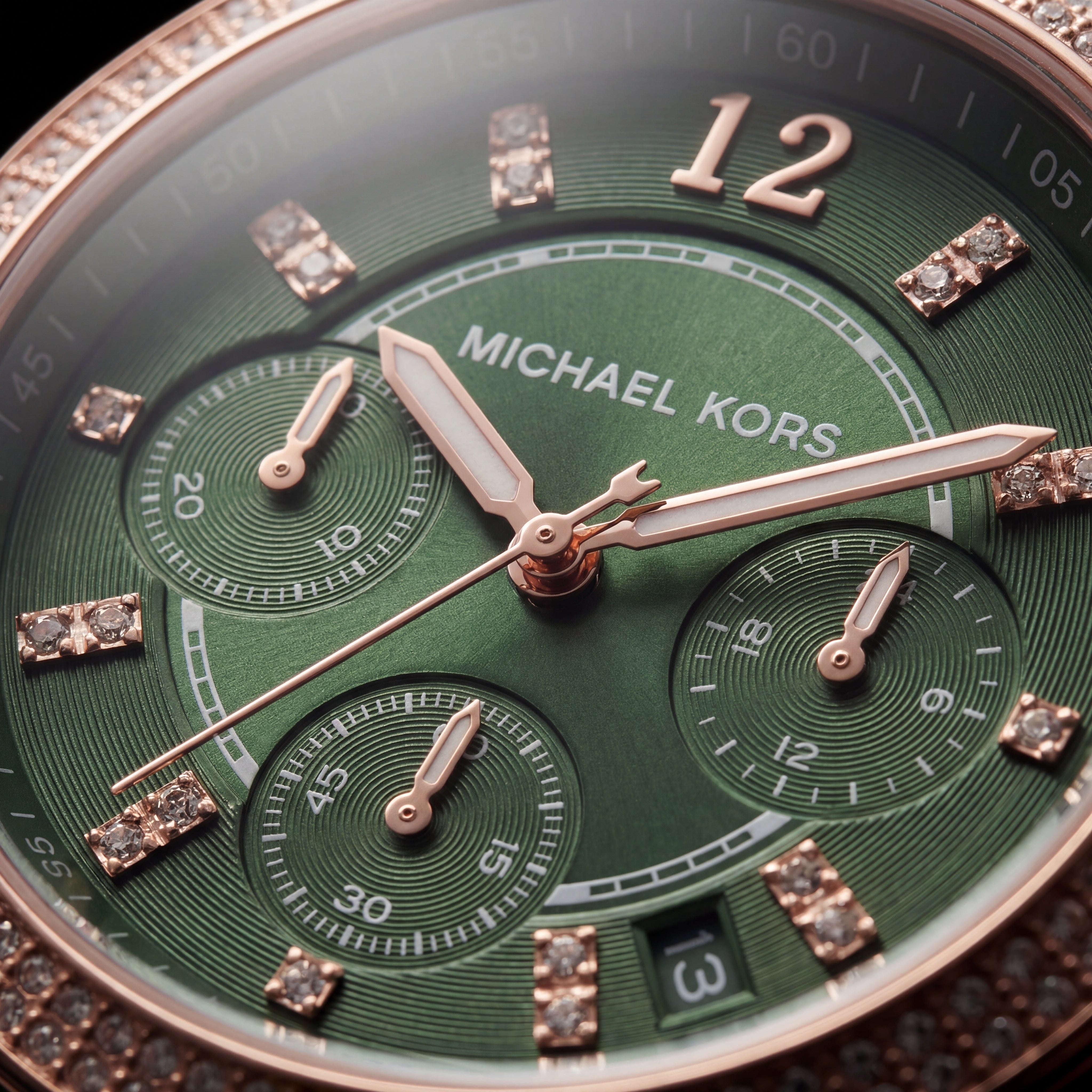 Rose Gold Crystal Bezel Green Chronograph Luxury Bracelet Watch – Women