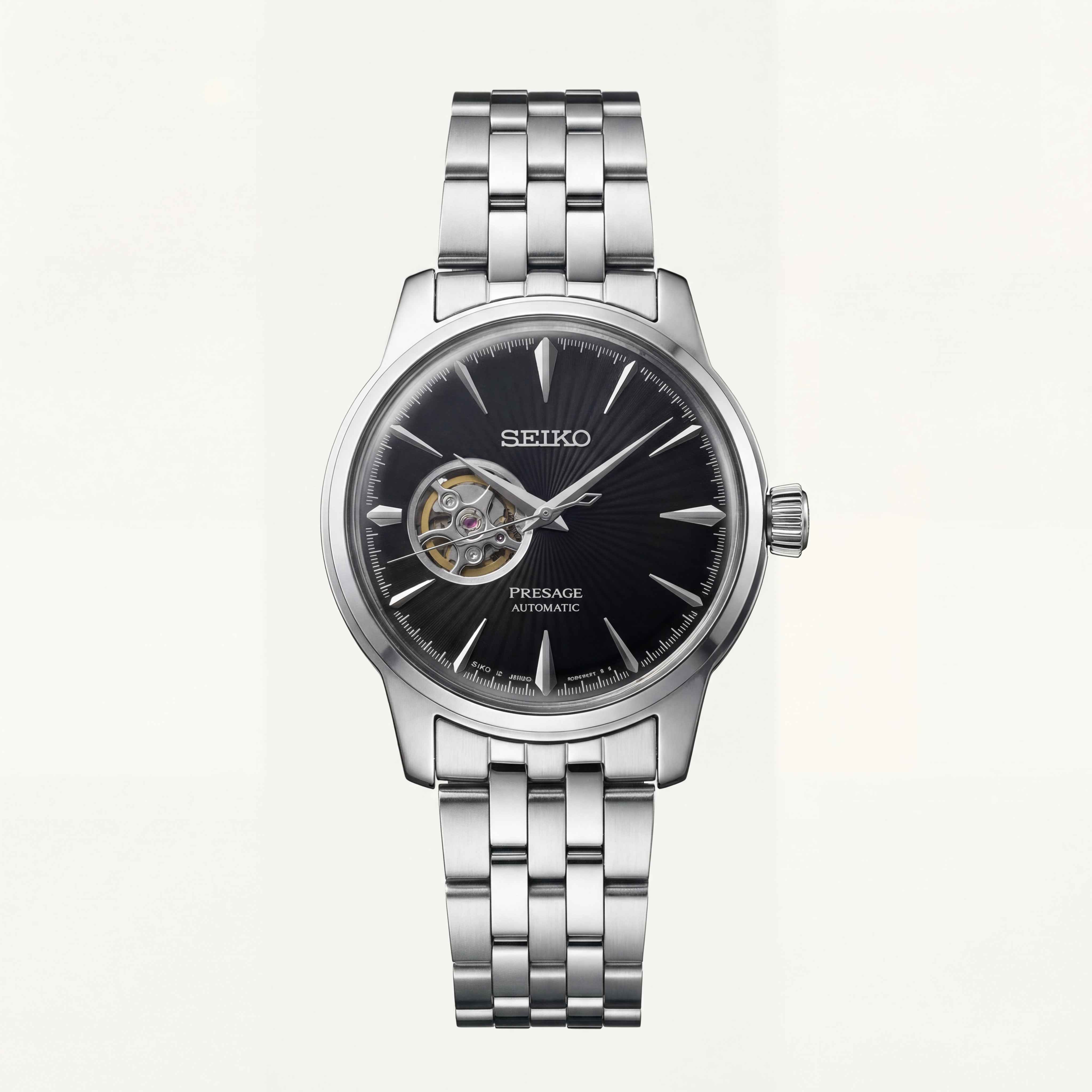 Silver Stainless Steel Case Black Sunburst Dial Open-Heart Automatic Luxury Bracelet Watch – Men