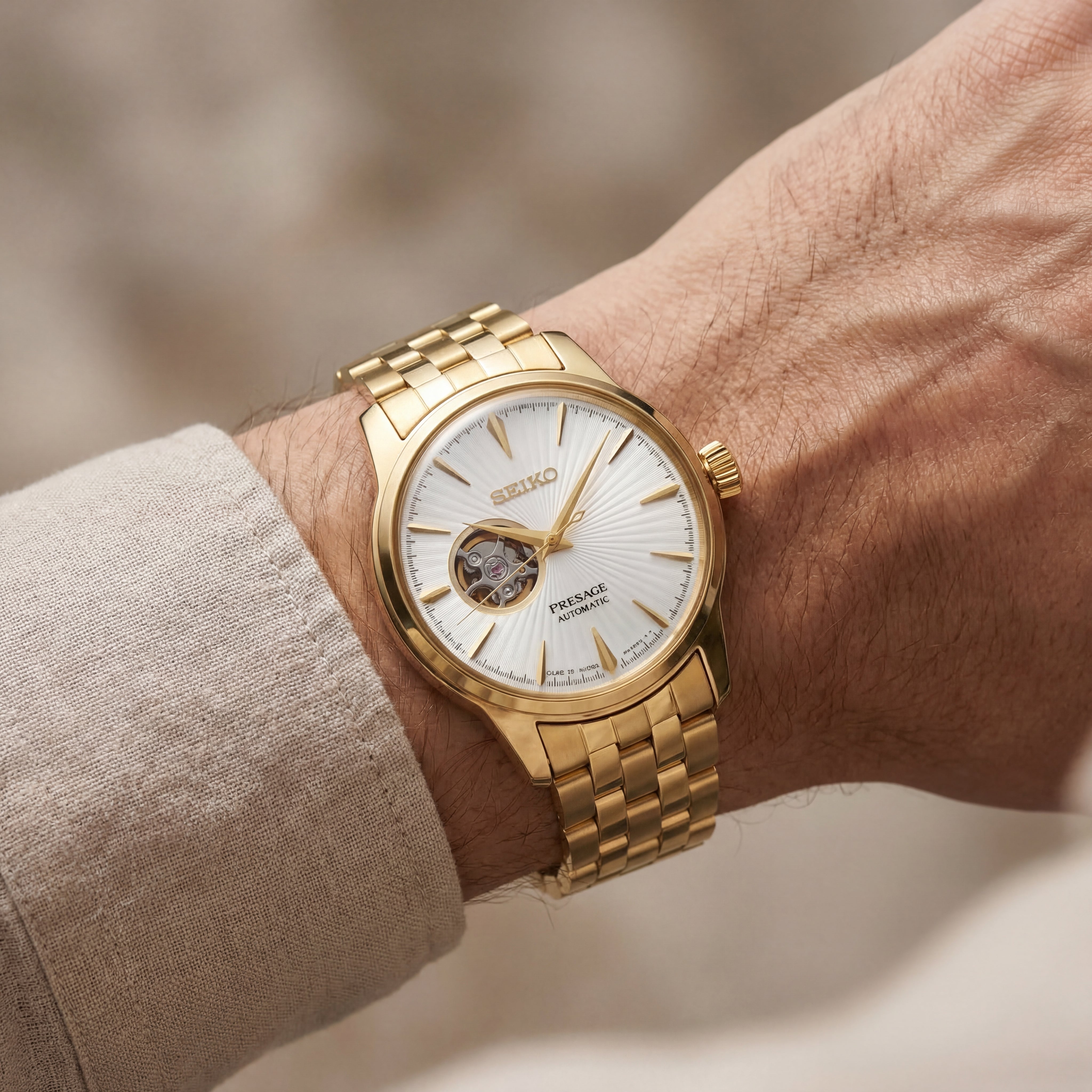 Gold Stainless Steel Case White Sunburst Dial Open-Heart Automatic Luxury Bracelet Watch – Men