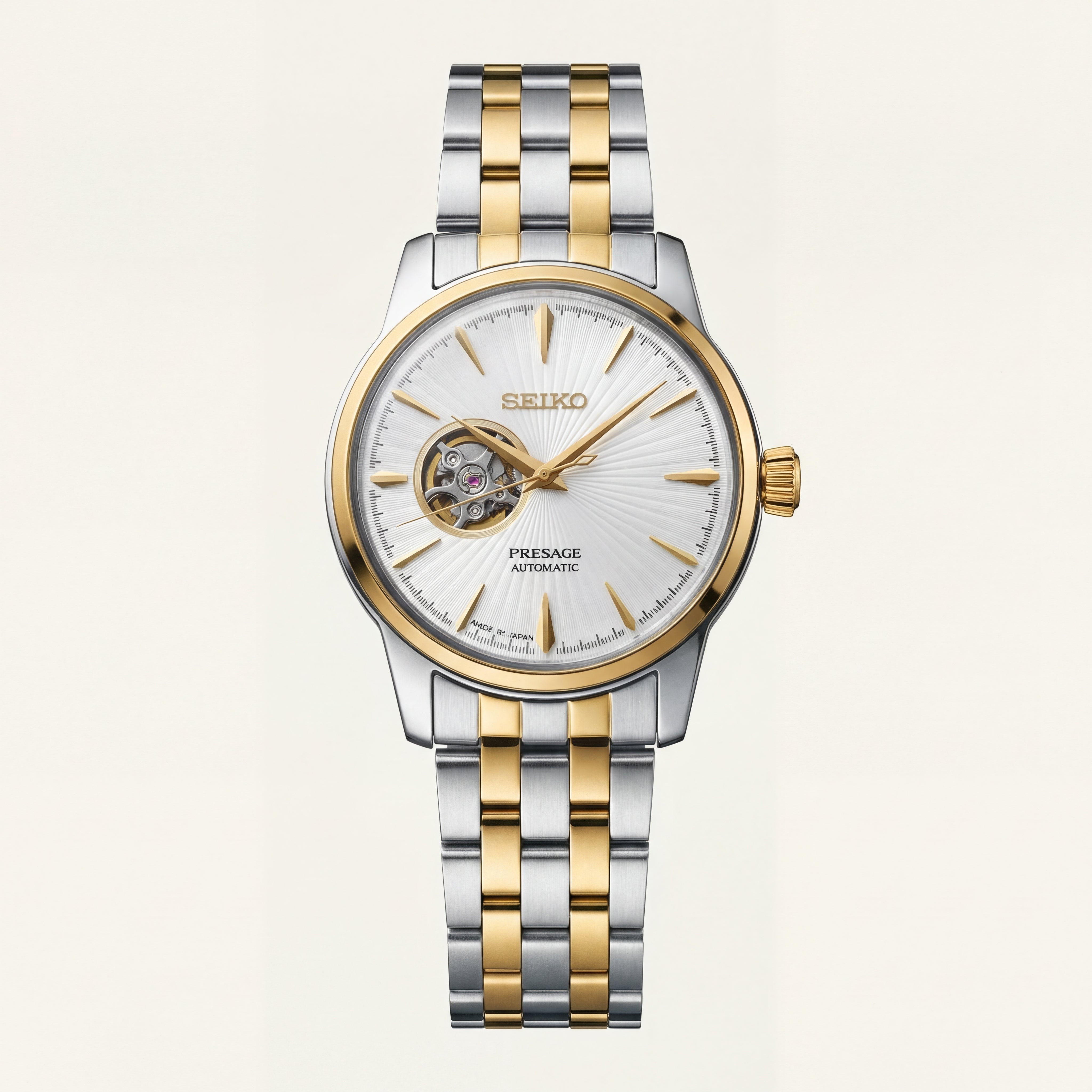 Two-Tone Gold & Silver Stainless Steel Case White Sunburst Dial Open-Heart Automatic Luxury Bracelet Watch – Men