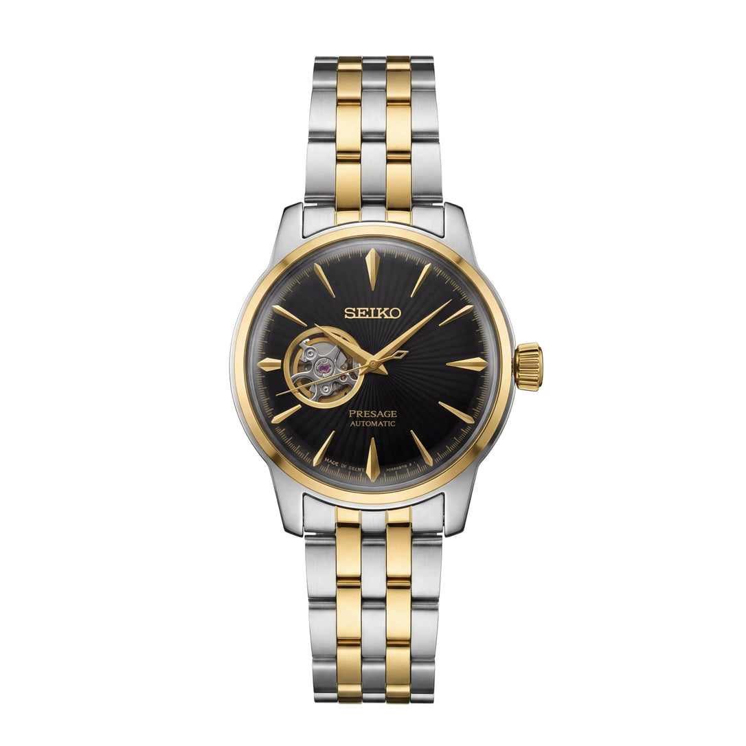 Two-Tone Gold & Silver Stainless Steel Case Black Sunburst Dial Open-Heart Automatic Luxury Bracelet Watch – Men