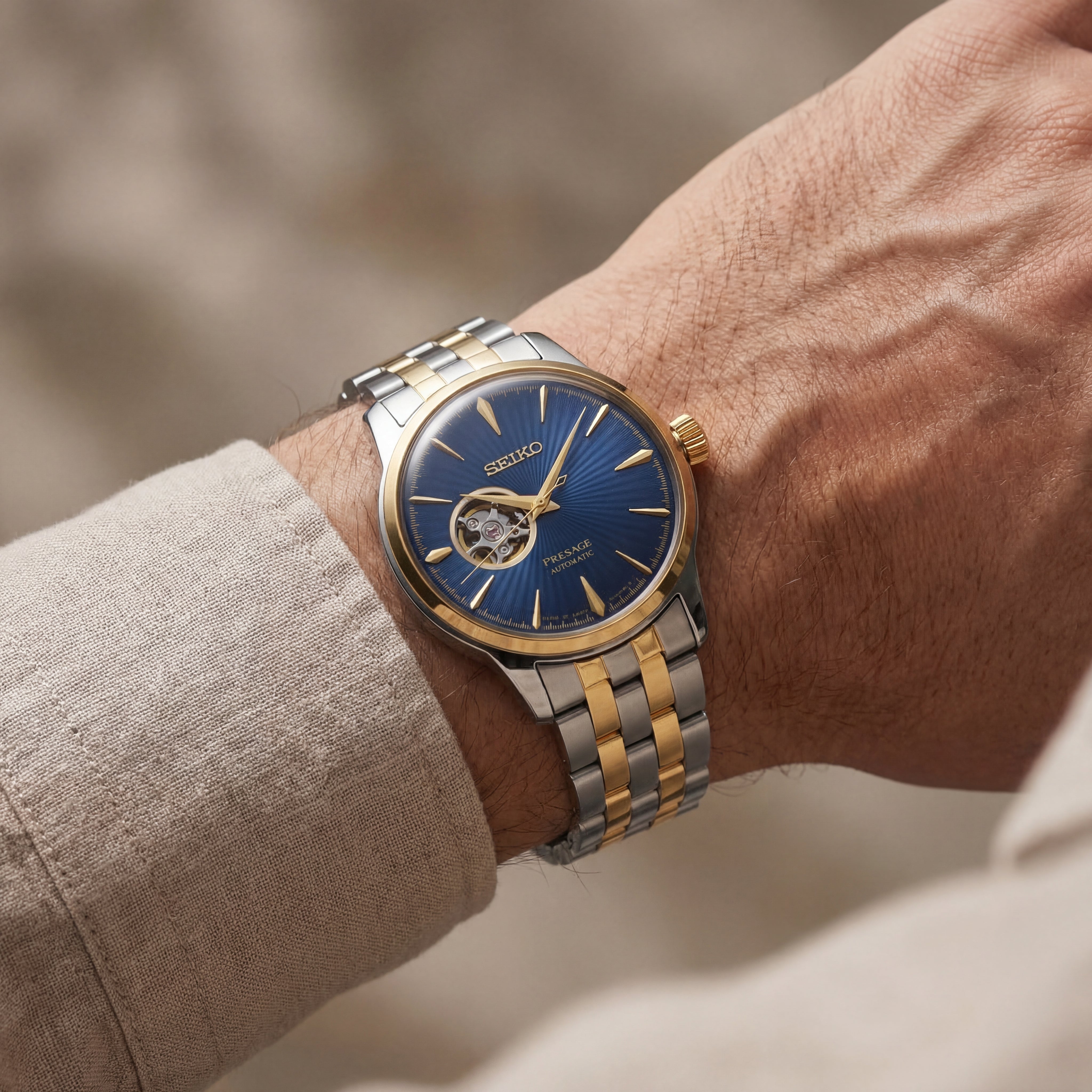 Two-Tone Gold & Silver Stainless Steel Case Blue Sunburst Dial Open-Heart Automatic Luxury Bracelet Watch – Men