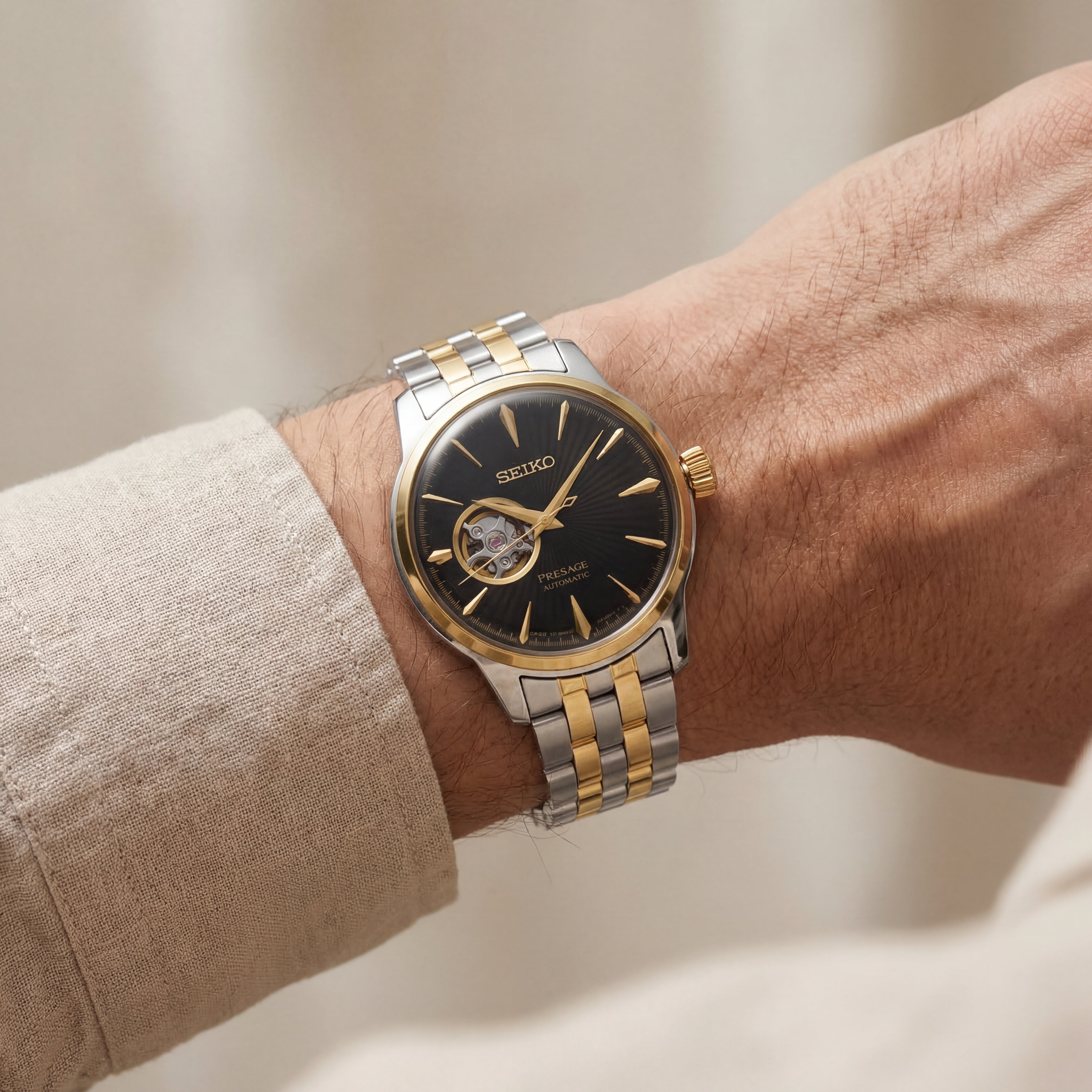 Two-Tone Gold & Silver Stainless Steel Case Black Sunburst Dial Open-Heart Automatic Luxury Bracelet Watch – Men