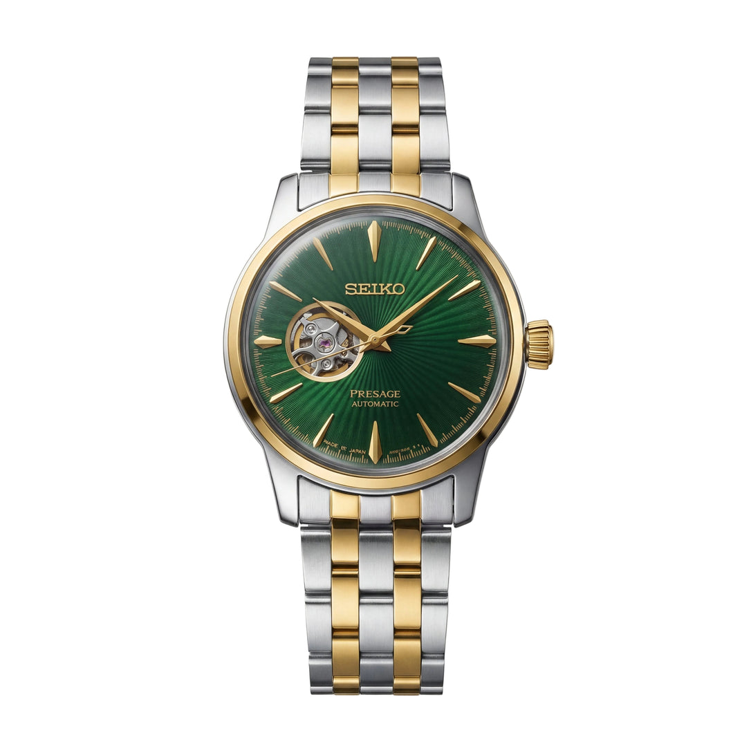 Two-Tone Gold & Silver Stainless Steel Case Emerald Green Sunburst Dial Open-Heart Automatic Luxury Bracelet Watch – Men