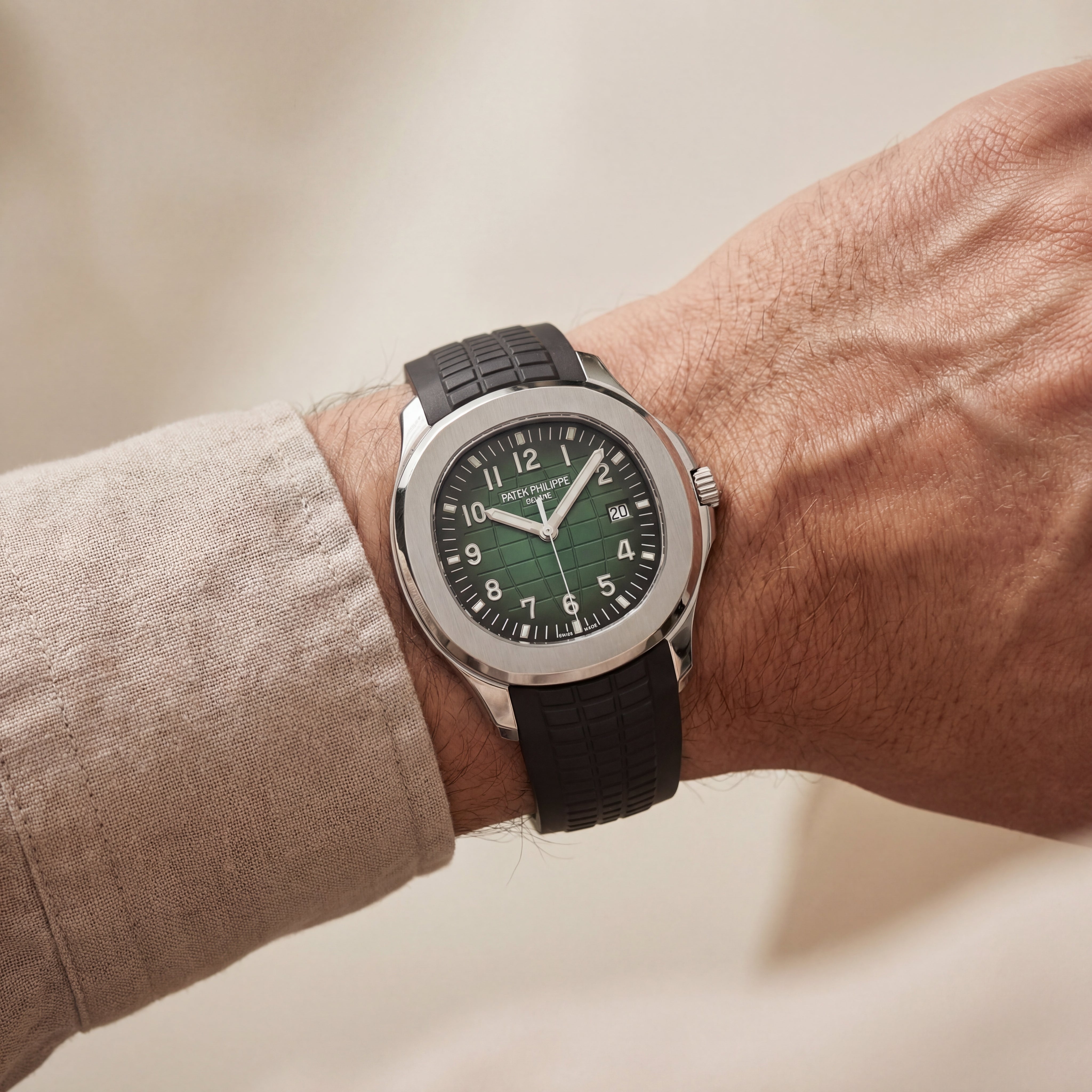 Luxury Stainless Steel Sport Watch Green Embossed Dial Black Rubber Strap Premium Watch – Men