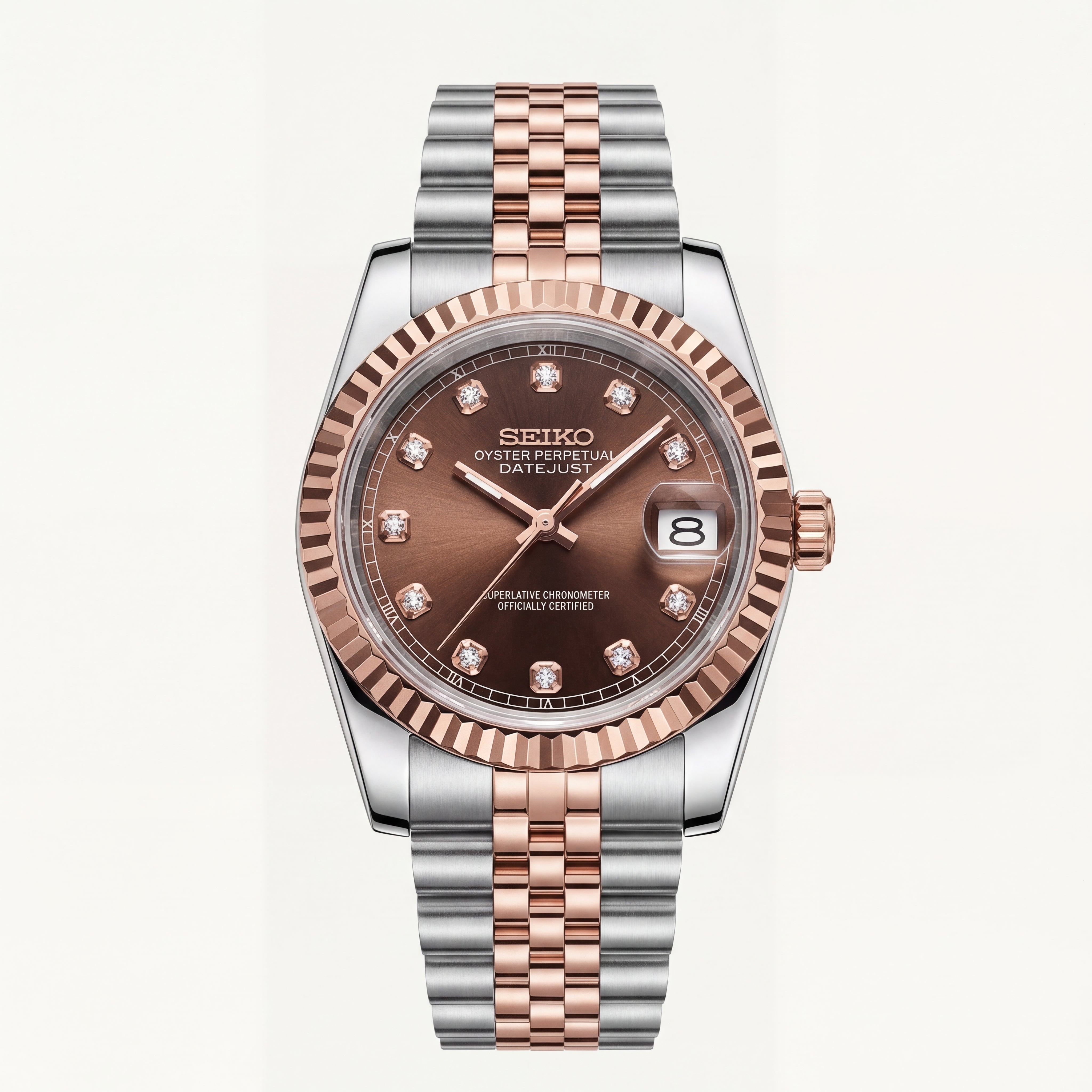 Luxury Two-Tone Rose Gold Watch Fluted Bezel Brown Sunburst Dial Diamond Hour Markers Stainless Steel Jubilee Bracelet – Men