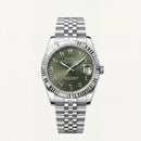 Luxury Silver Stainless Steel Watch Fluted Bezel Olive Green Sunburst Dial Arabic Numerals Jubilee Bracelet Premium Watch – Men
