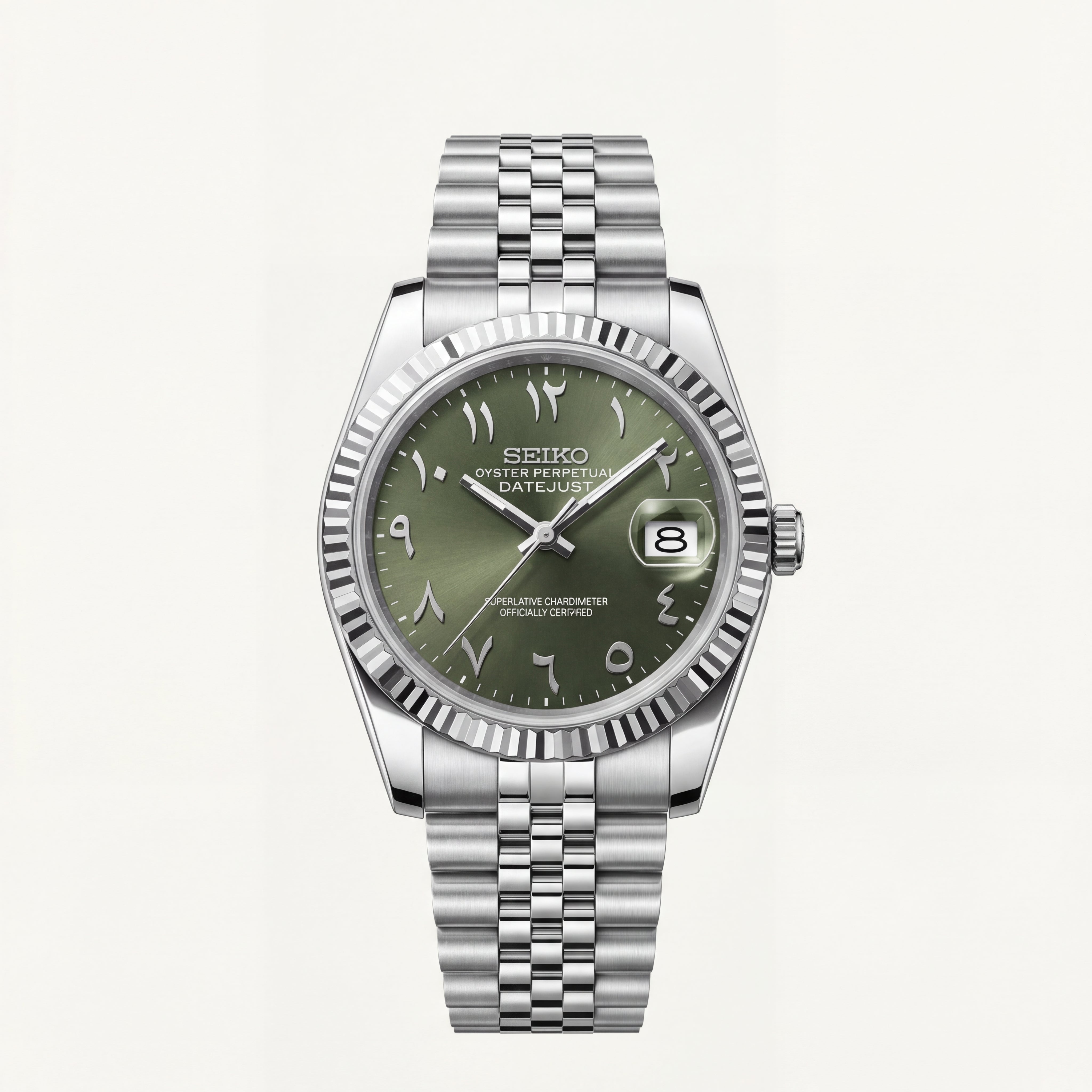 Luxury Silver Stainless Steel Watch Fluted Bezel Olive Green Sunburst Dial Arabic Numerals Jubilee Bracelet Premium Watch – Men