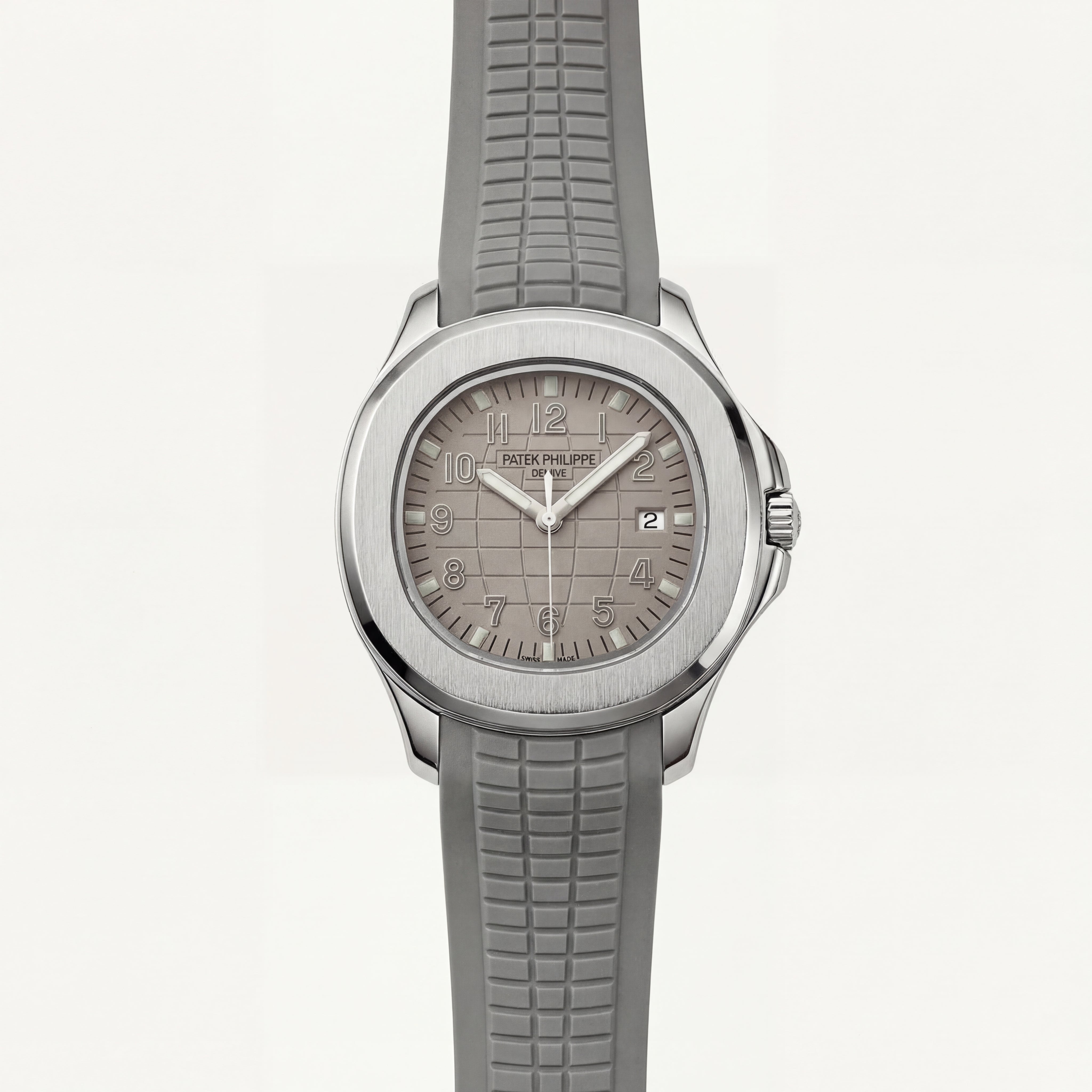 Luxury Silver Sport Watch Stainless Steel Case Sand Beige Textured Dial Grey Rubber Strap Premium Watch – Men