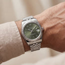 Luxury Silver Stainless Steel Watch Fluted Bezel Olive Green Sunburst Dial Arabic Numerals Jubilee Bracelet Premium Watch – Men
