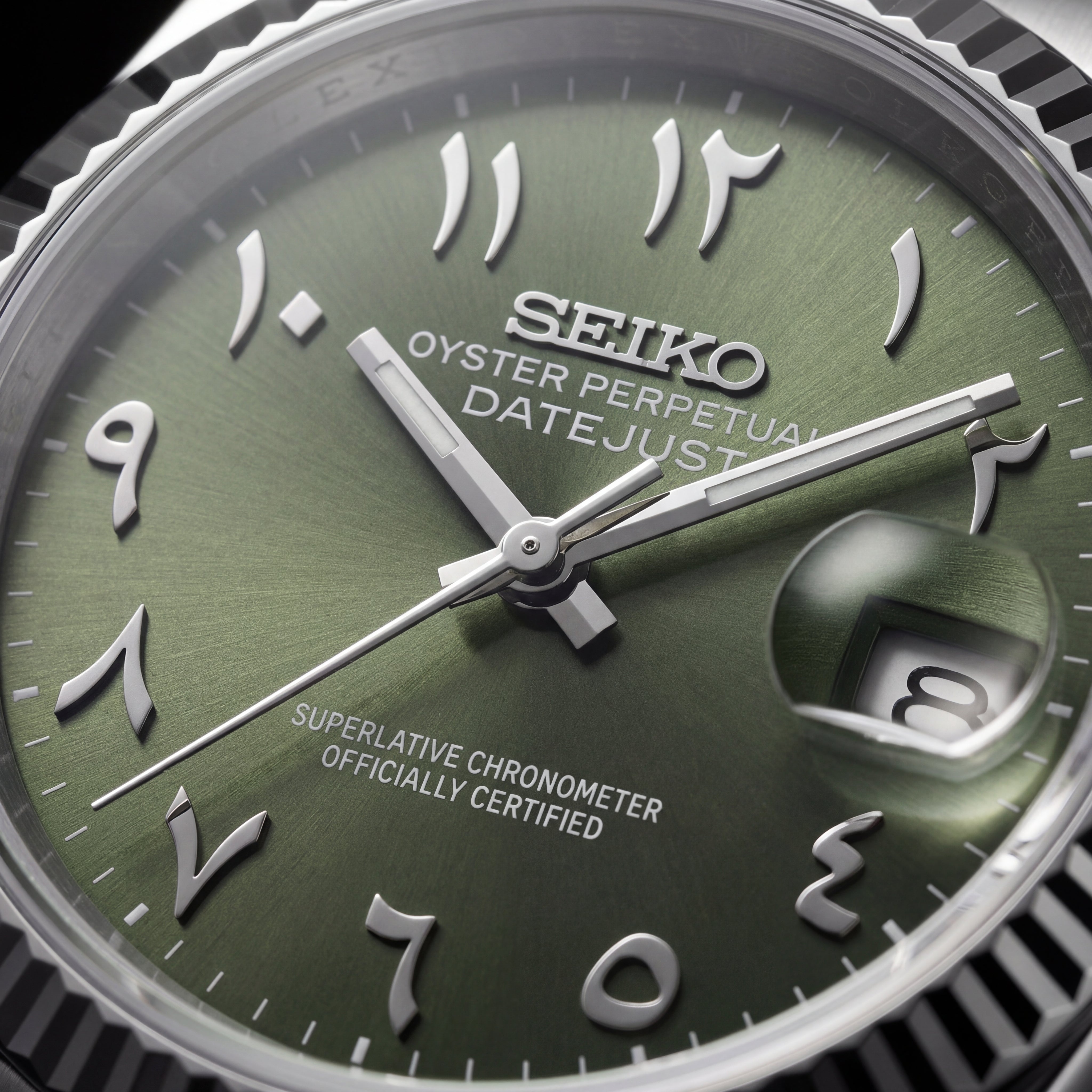 Luxury Silver Stainless Steel Watch Fluted Bezel Olive Green Sunburst Dial Arabic Numerals Jubilee Bracelet Premium Watch – Men