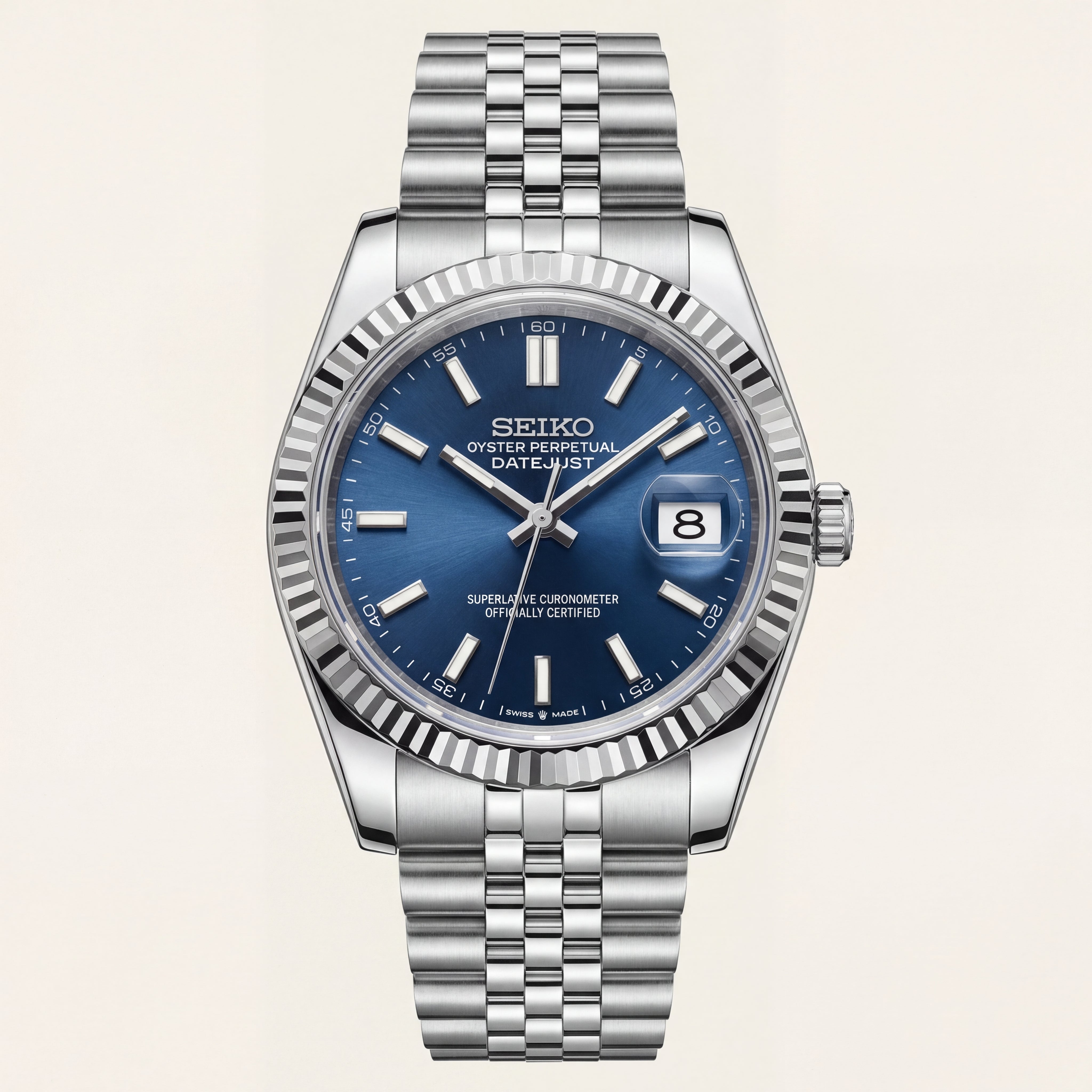 Luxury Stainless Steel Watch Fluted Bezel Blue Sunburst Dial Jubilee Bracelet Premium Date Watch – Men