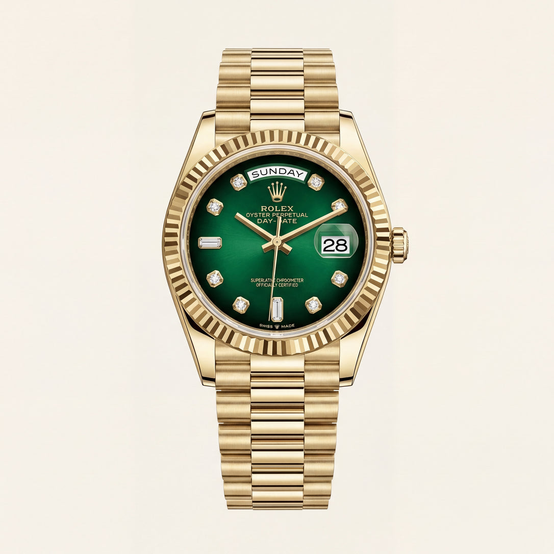 Luxury Gold Stainless Steel Watch Fluted Bezel Emerald Green Sunburst Dial Diamnd Markers Day-Date Watch – Men