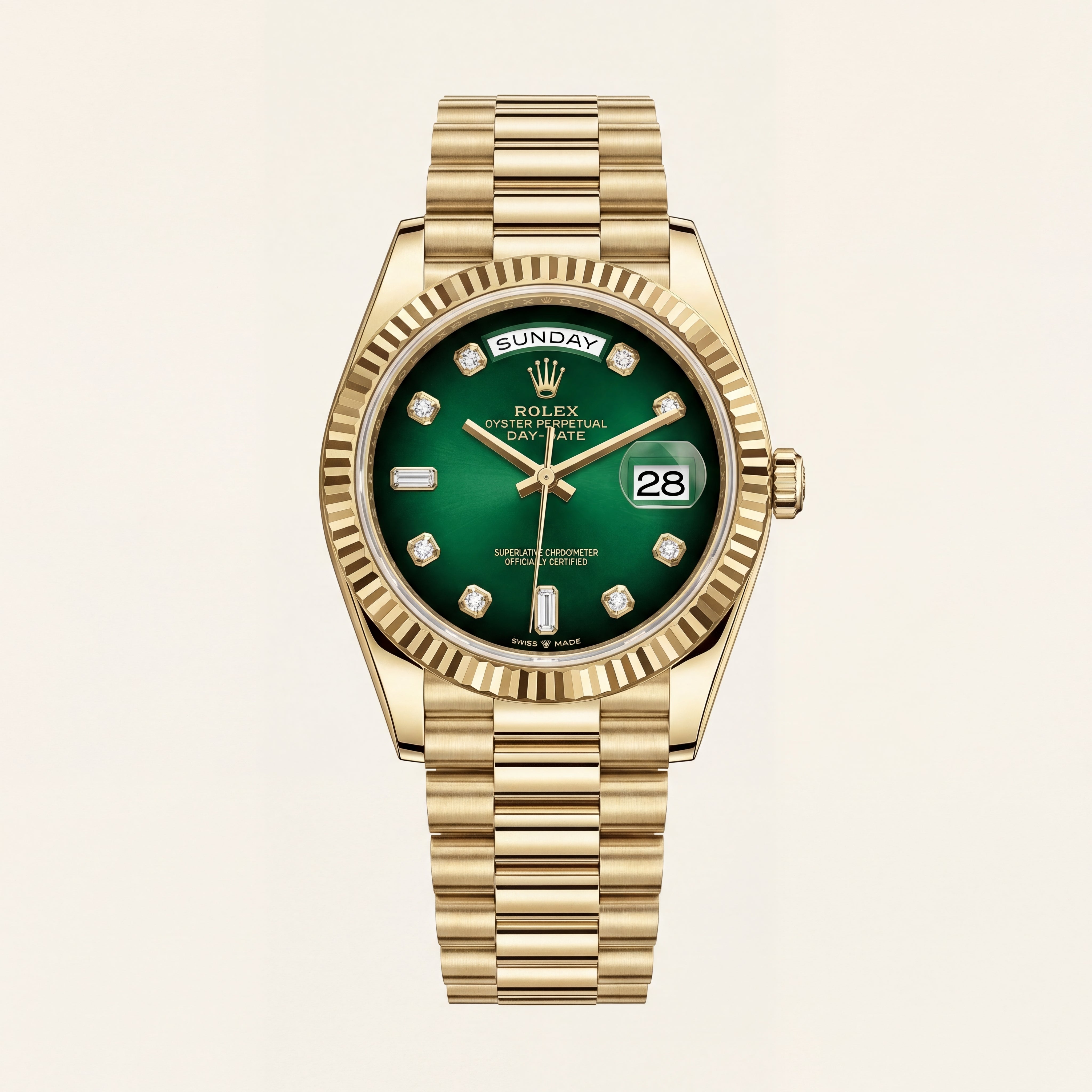 Luxury Gold Stainless Steel Watch Fluted Bezel Emerald Green Sunburst Dial Diamnd Markers Day-Date Watch – Men