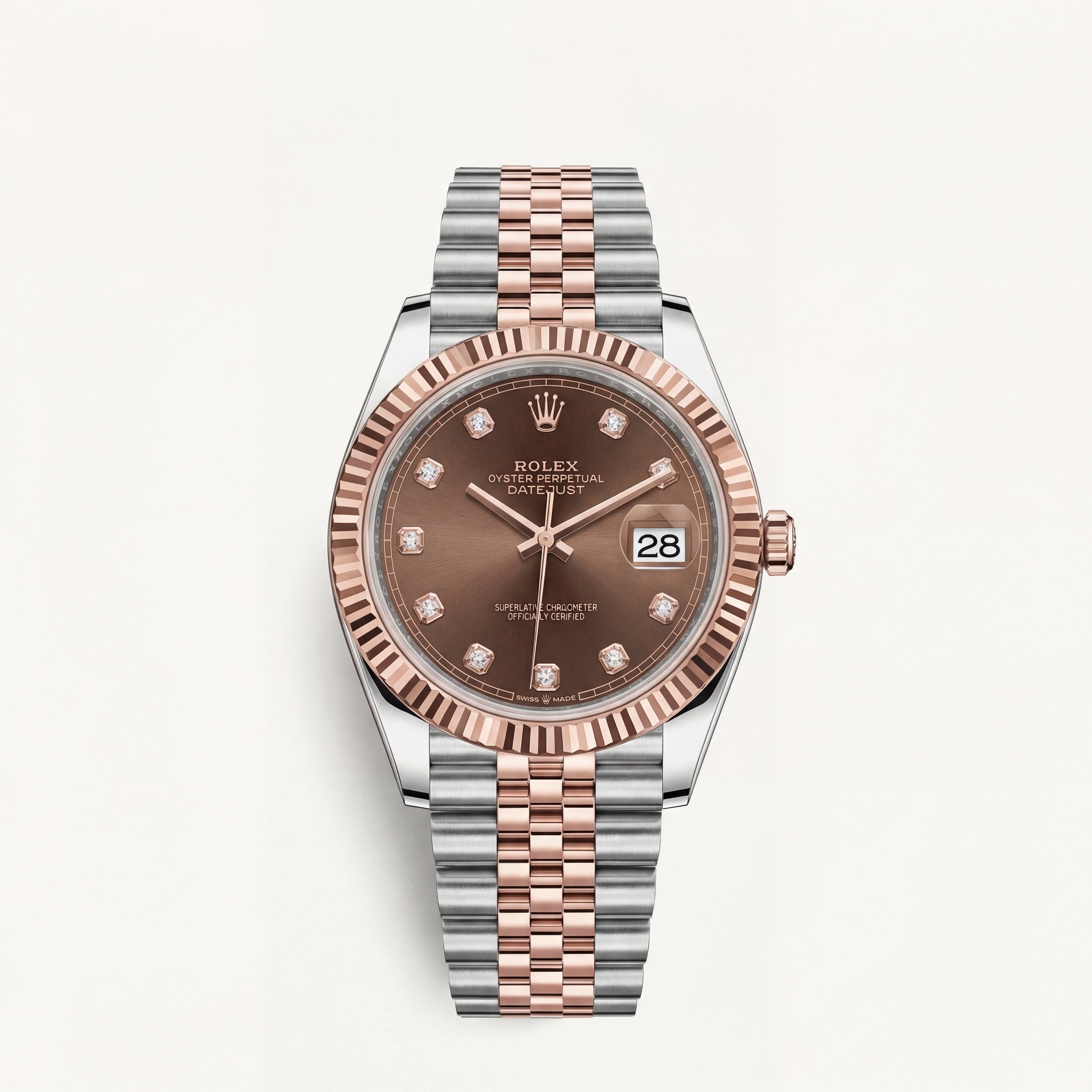 Luxury Two-Tone Stainless Steel Watch Rose Gold Fluted Bezel Chocolate Sunburst Dial Diamond Markers Date Watch – Men