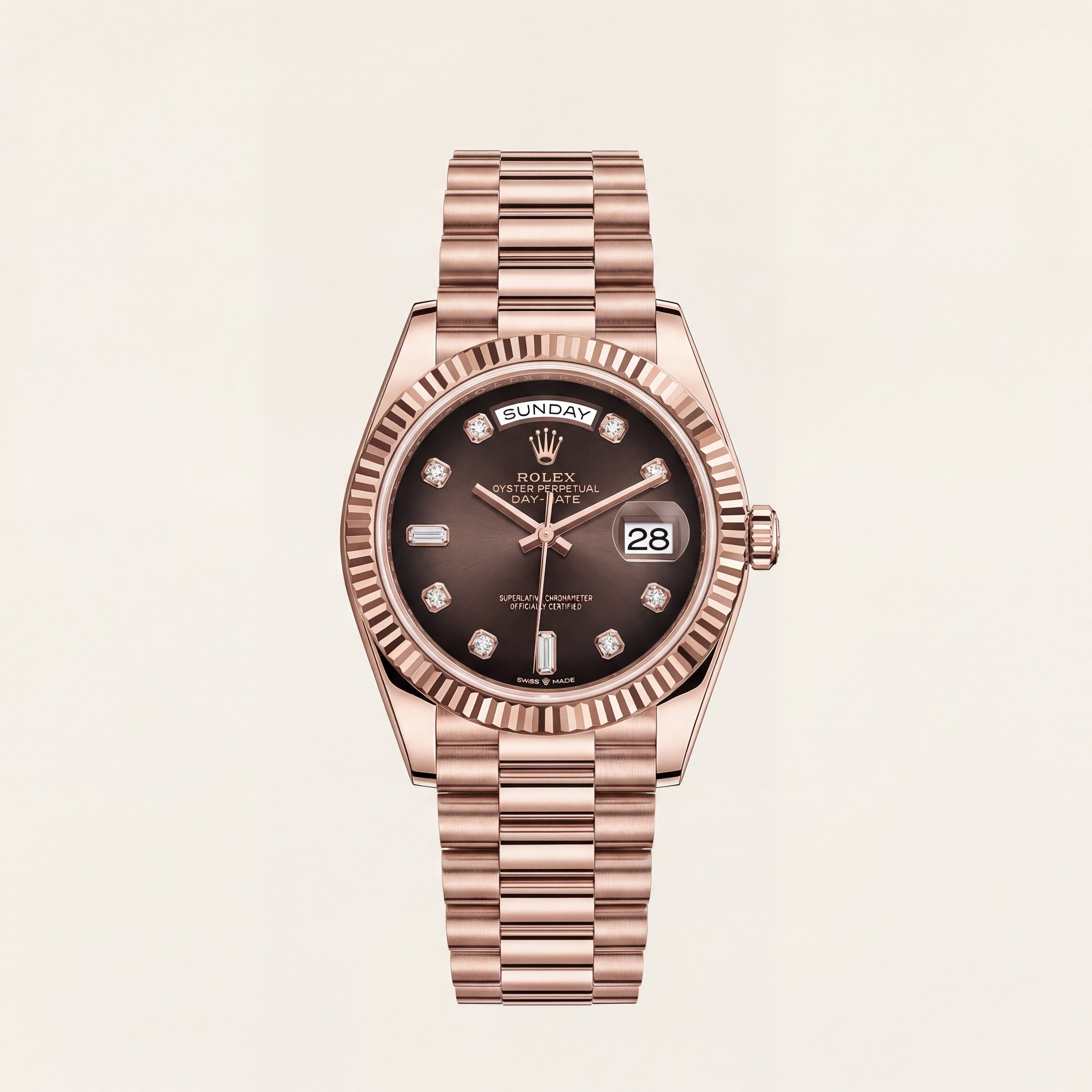 Luxury Rose Gold Stainless Steel Watch Fluted Bezel Chocolate Brown Dial Diamond Markers Day-Date Watch – Men