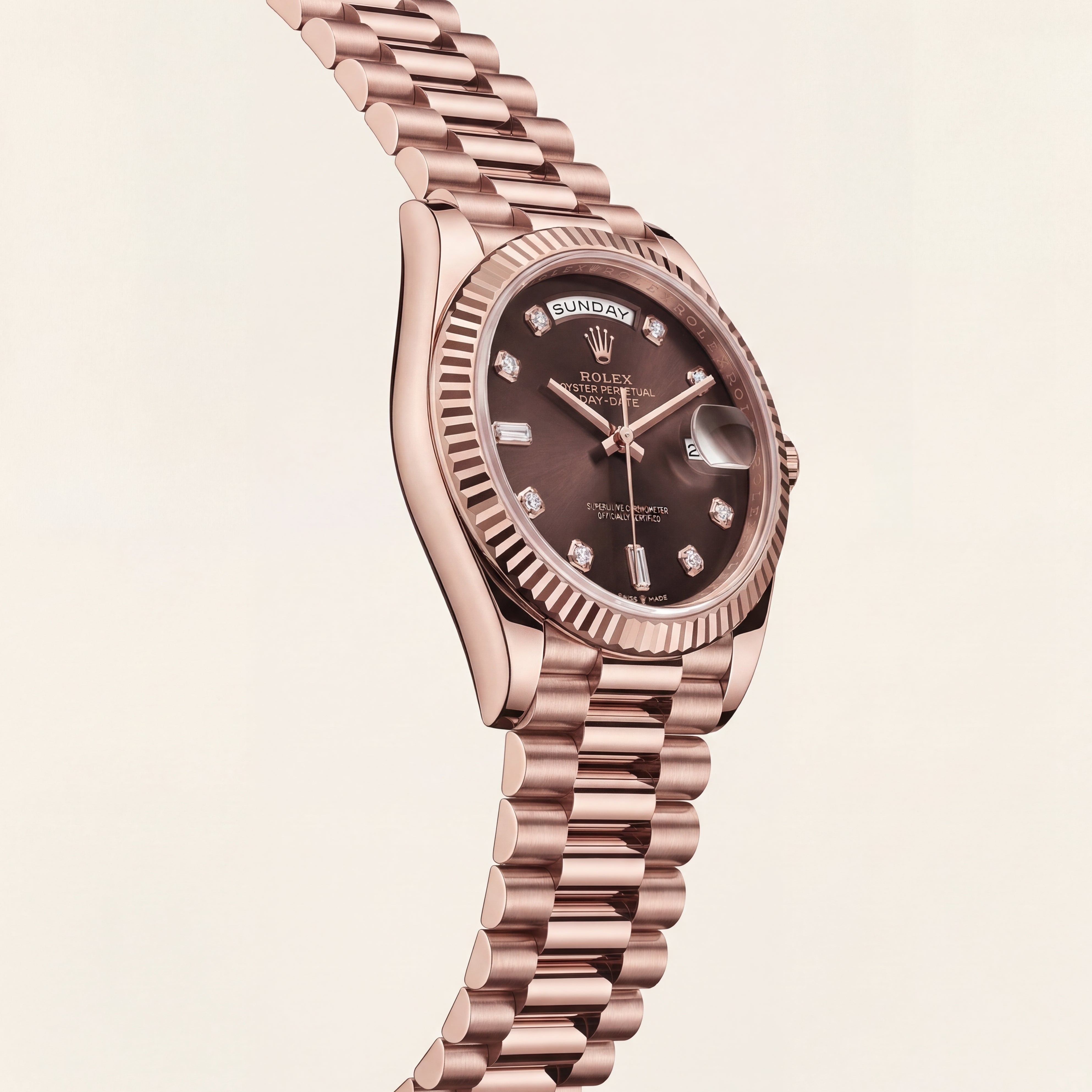 Luxury Rose Gold Stainless Steel Watch Fluted Bezel Chocolate Brown Dial Diamond Markers Day-Date Watch – Men