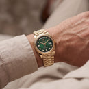 Luxury Gold Stainless Steel Watch Fluted Bezel Emerald Green Sunburst Dial Diamnd Markers Day-Date Watch – Men